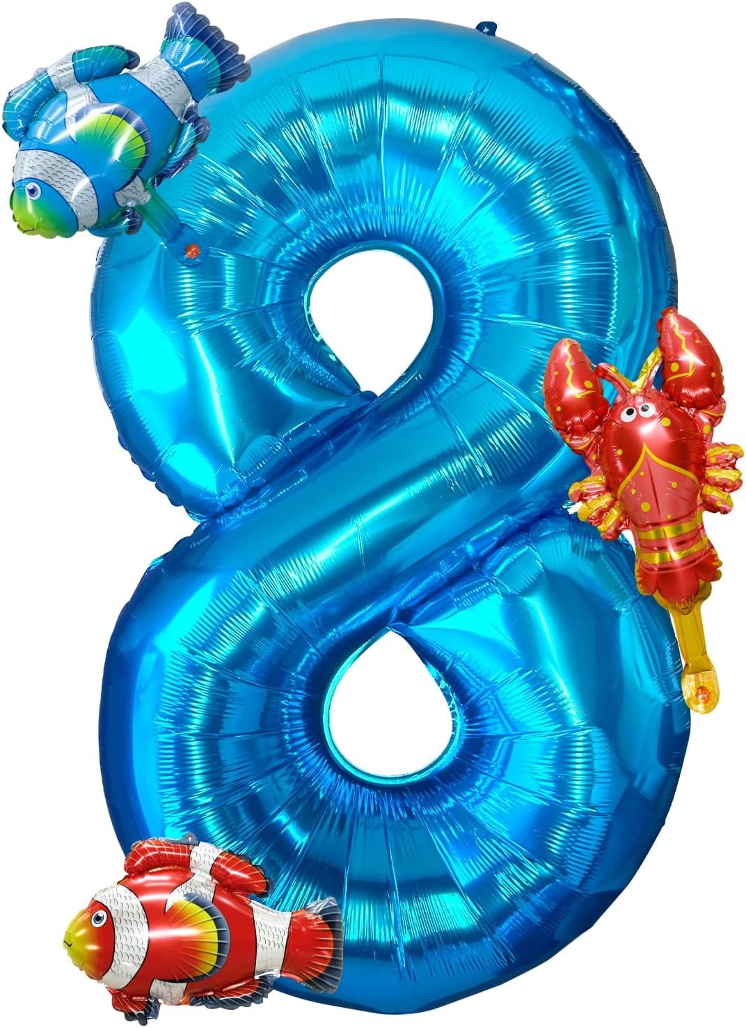 40 Inch Under the Sea Blue Number 8 Balloon, Mini Sea Animal Balloons Ocean Animal Foil Balloon, Fish Crawfish Balloons for Boys Girls Ocean Theme 8th Birthday Baby Shower Party Decoration