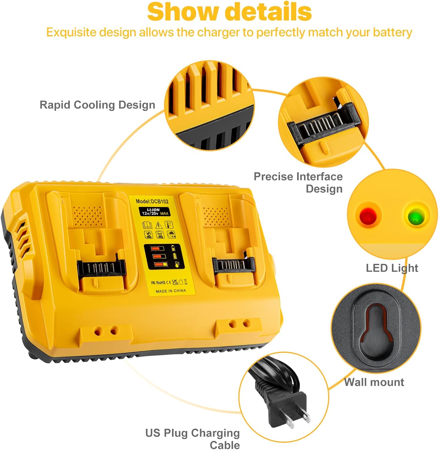 20V Replacement Charger for Dewalt DCB102 Dual Port Charger Compatible with Dewalt 12/20V Battery - Image 3