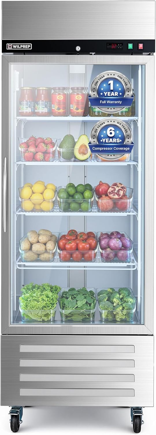 Wilprep 29" Stainless Steel Commercial Display Refrigerator, 17.6 cu. ft. UL Certified Single Glass Door Cabinet Refrigerator with 4 Adjustable Shelves, Swing Door Commercial Fridge for Kitchen Bar