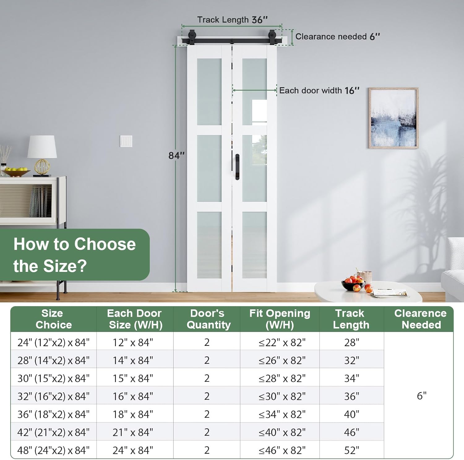Bifold Barn Door 32x84 Inch (Double 16x84), White Frosted Glass Bifolding Doors with 36" Hardware Kit Included, Closet Sliding Wood Panel Slab, Save Space, Simple DIY Assembly