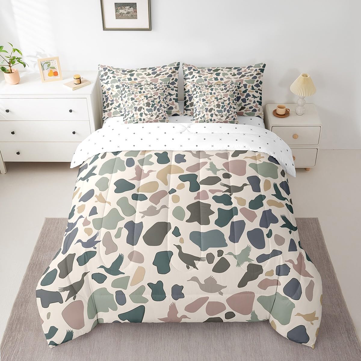 Erosebridal Duck Hunter 7 Pieces Bedding Set Vintage Wild Mallard Duck Queen Comforter Set with Sheets for Boys Girls Kids Room Decor Army Camouflage Rustic Hunting Bed in A Bag Bed Set,Cream Green - Image 3