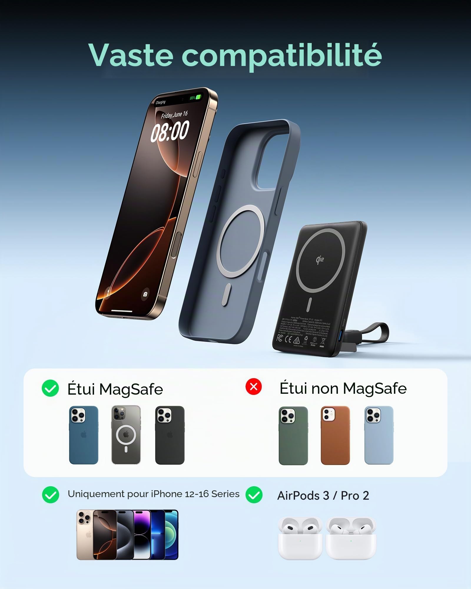 INIU Qi2-Certificat 20W Batterie Externe, 5000mAh Magnetique Power Bank, Charge Rapide Powerbank Travel Essentials, Batterie Portable Mince Compatible avec iPhone 16 15 14 13 12 Pro Max Rose