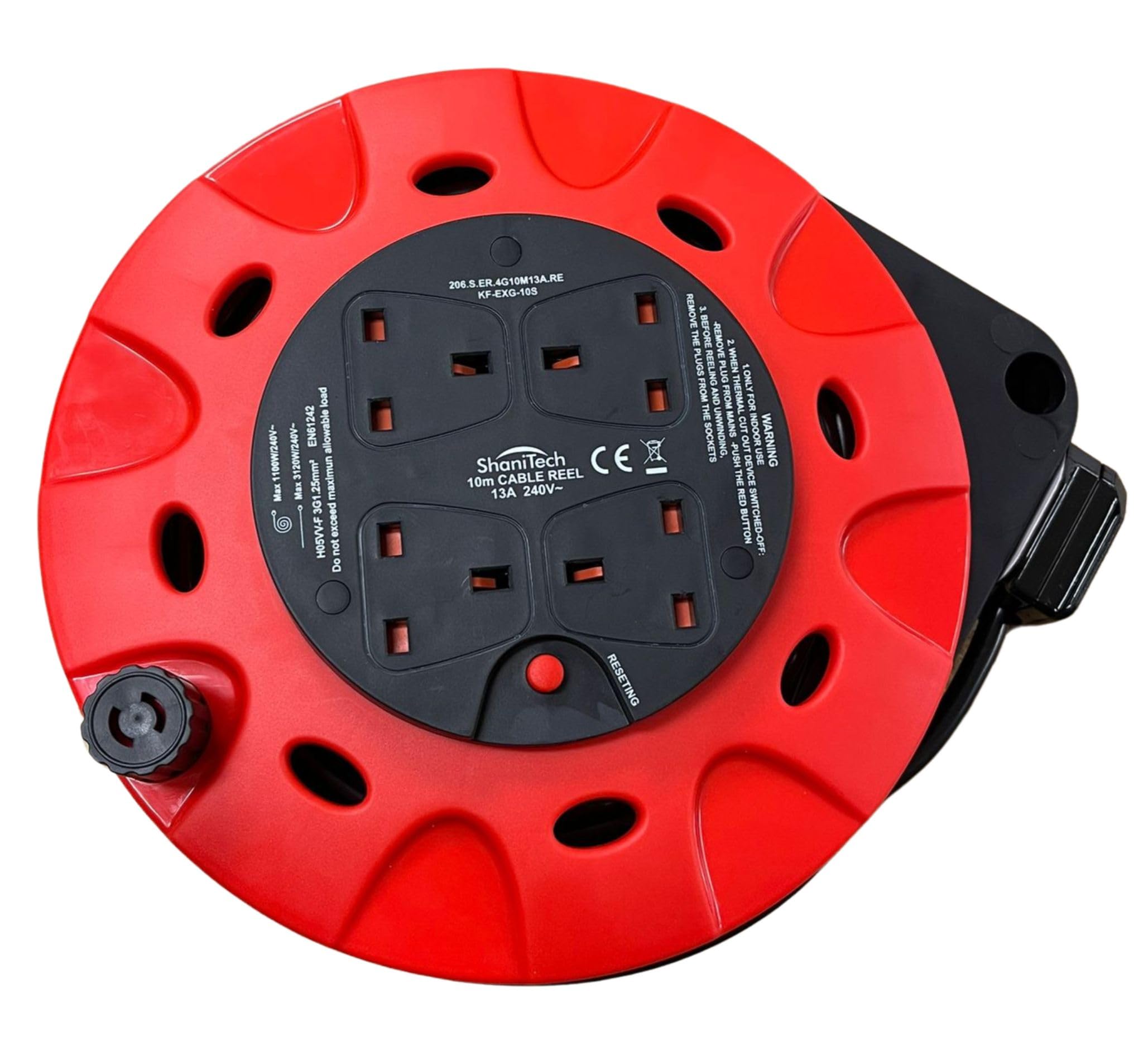ShaniTech 4 Gang Way Extension Reel 10M 13A Power Cable Lead, Thermal Cut-Out, Plug Holder Ideal for Garden, Workshop, DIY