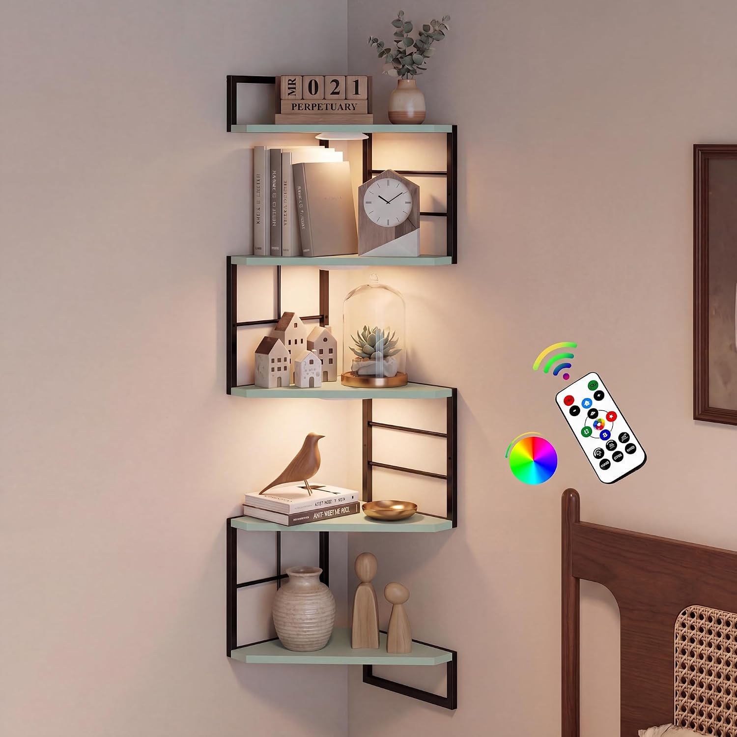 Corner Floating Shelves with Lights - 5 Tiers Corner Shelf Wall Mounted, Bookshelf with LED Light, Floating Shelves for Wall, Display Shelf for Bedroom, Living Room, Office & Home Decor-Green