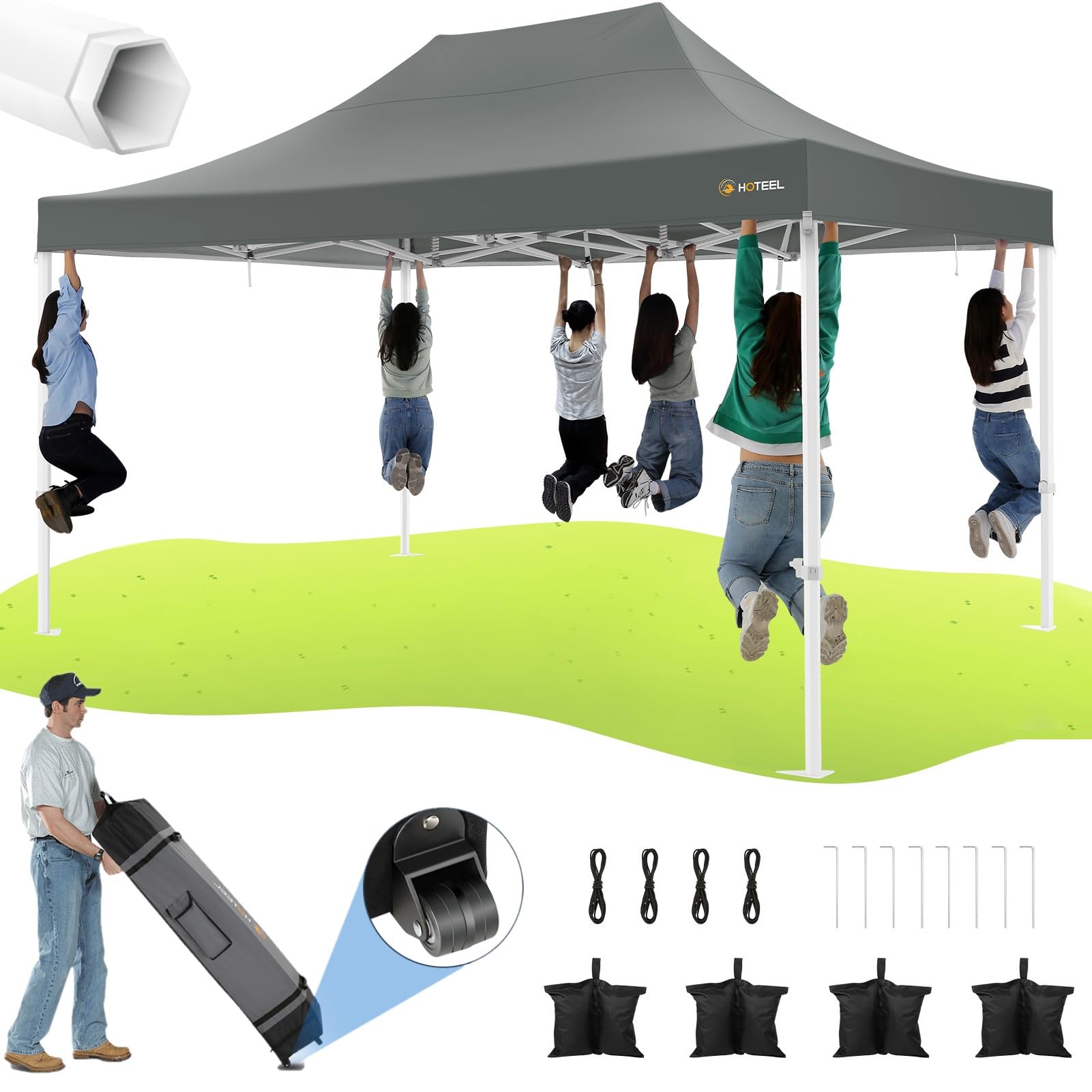 HOTEEL Tents for Parties 10x15 Pop Up Canopy Tent Heavy Duty Instant Outdoor Canopy Commercial Event Tent Wedding with Roller Bag, UV 50+ & Upgraded No Water Accumulation, Thick Hexagonal Legs, Grey