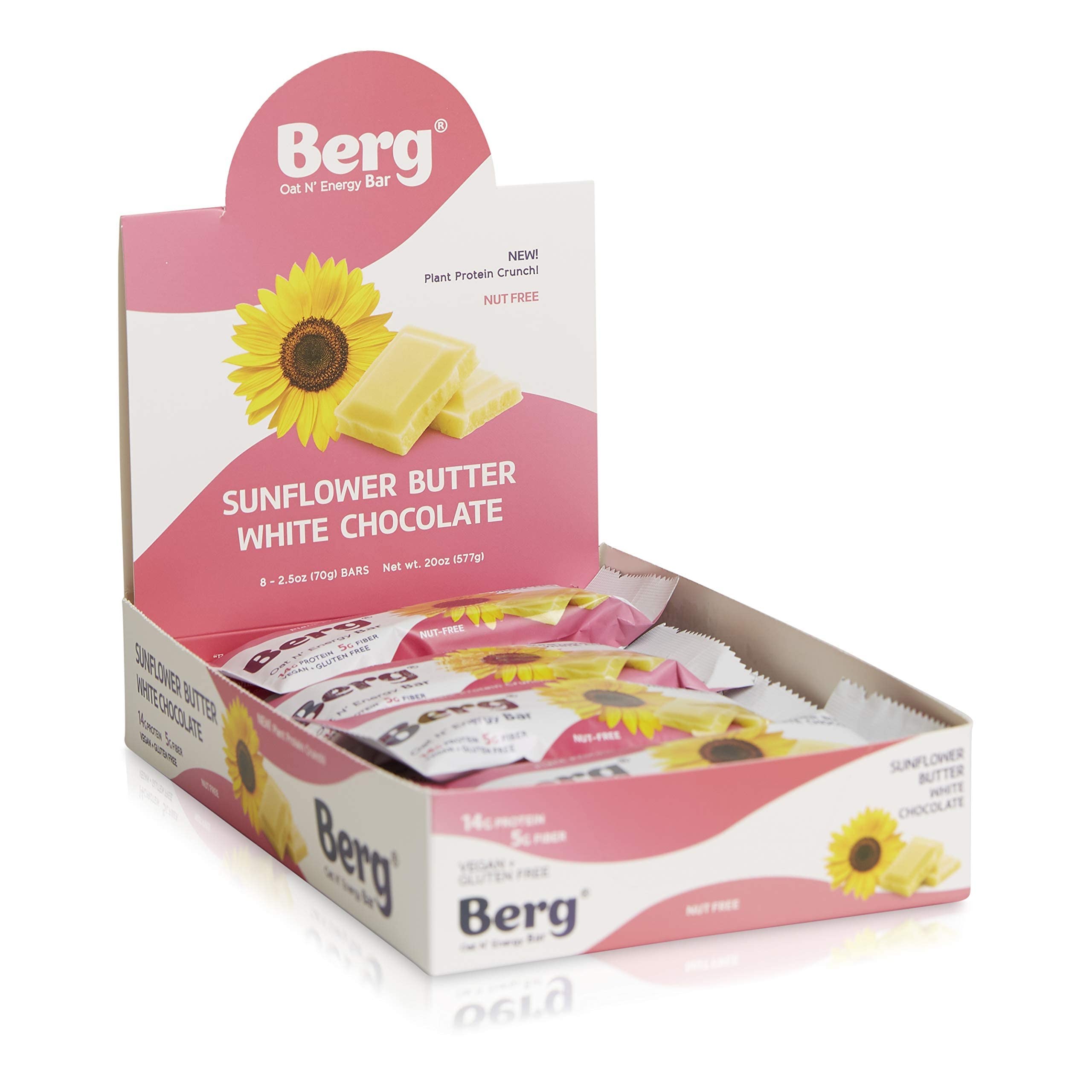 Berg Oat N' Energy Bar | Sunflower Butter White Chocolate | Plant Based Protein Bar | Non-GMO, Gluten Free, Nut Free and Vegan | Low Sugar, Healthy Snack Bar | High Fiber | On The Go | 2.5oz (8 Packs)