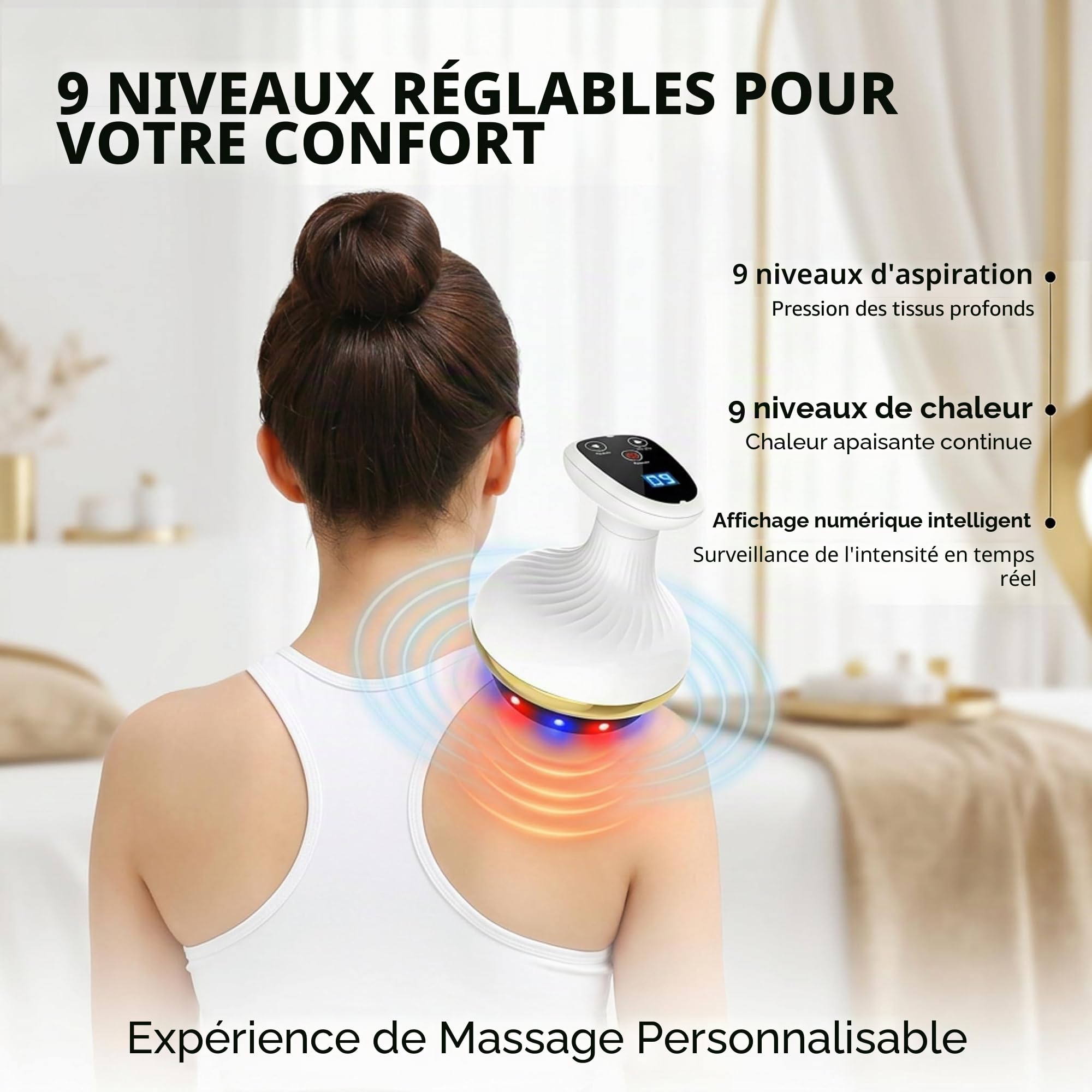 Masseur de cellulite 4 en 1, appareil de massage sous vide avec 9 niveaux de thérapie thermique et LED rouge-bleu, appareil anti-cellulite pour raffermissement du corps, drainage lymphatique