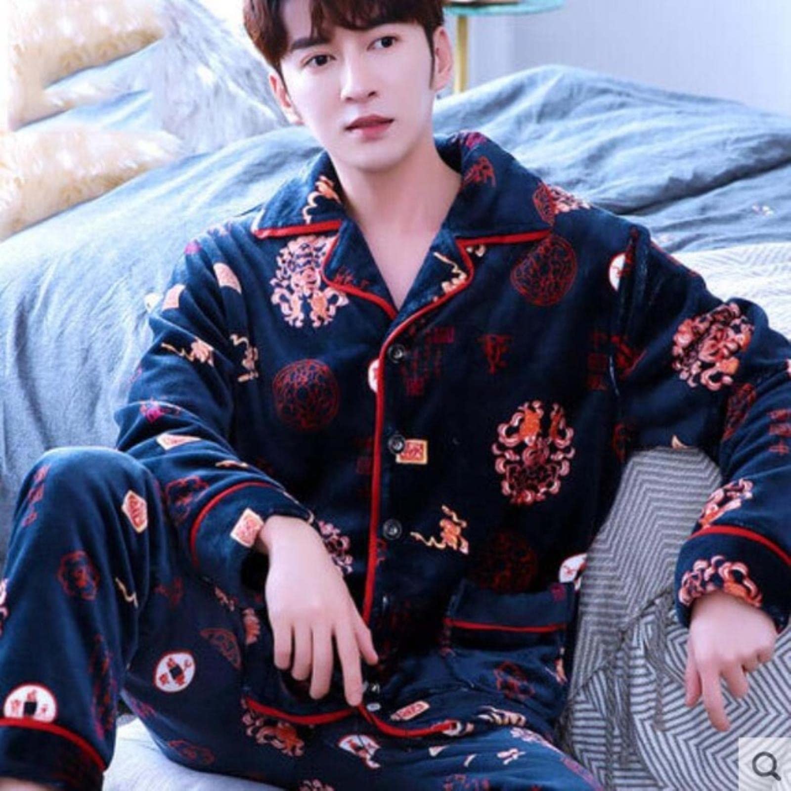 Uomini in pile di corallo set pigiama set autunno inverno morbido addensato cartone animato stampato in flanella sleep abbigliamento 2pcs/set top + pantaloni caldi abiti da casa-navy,L (50-65KG)