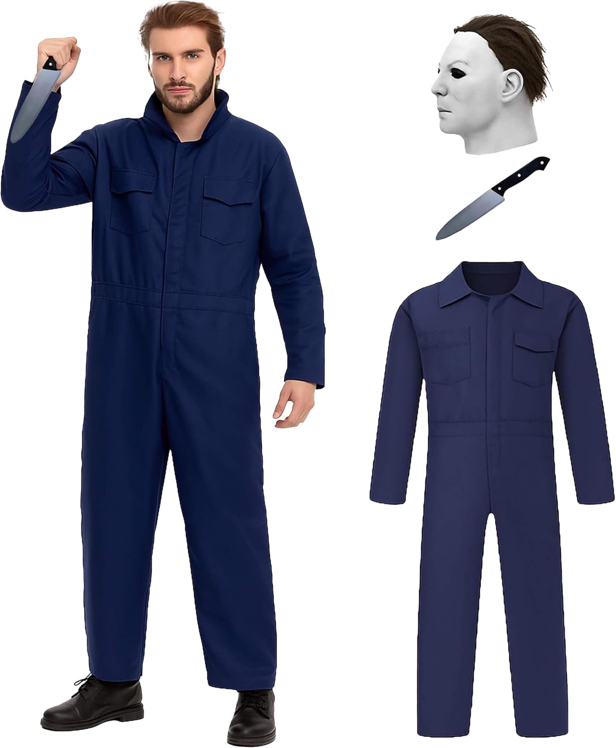 Navy Blue Coveralls Costume for Adults - Halloween Killer Jumpsuit with Mask and Toy Knife - Horror Cosplay Outfit 3XL