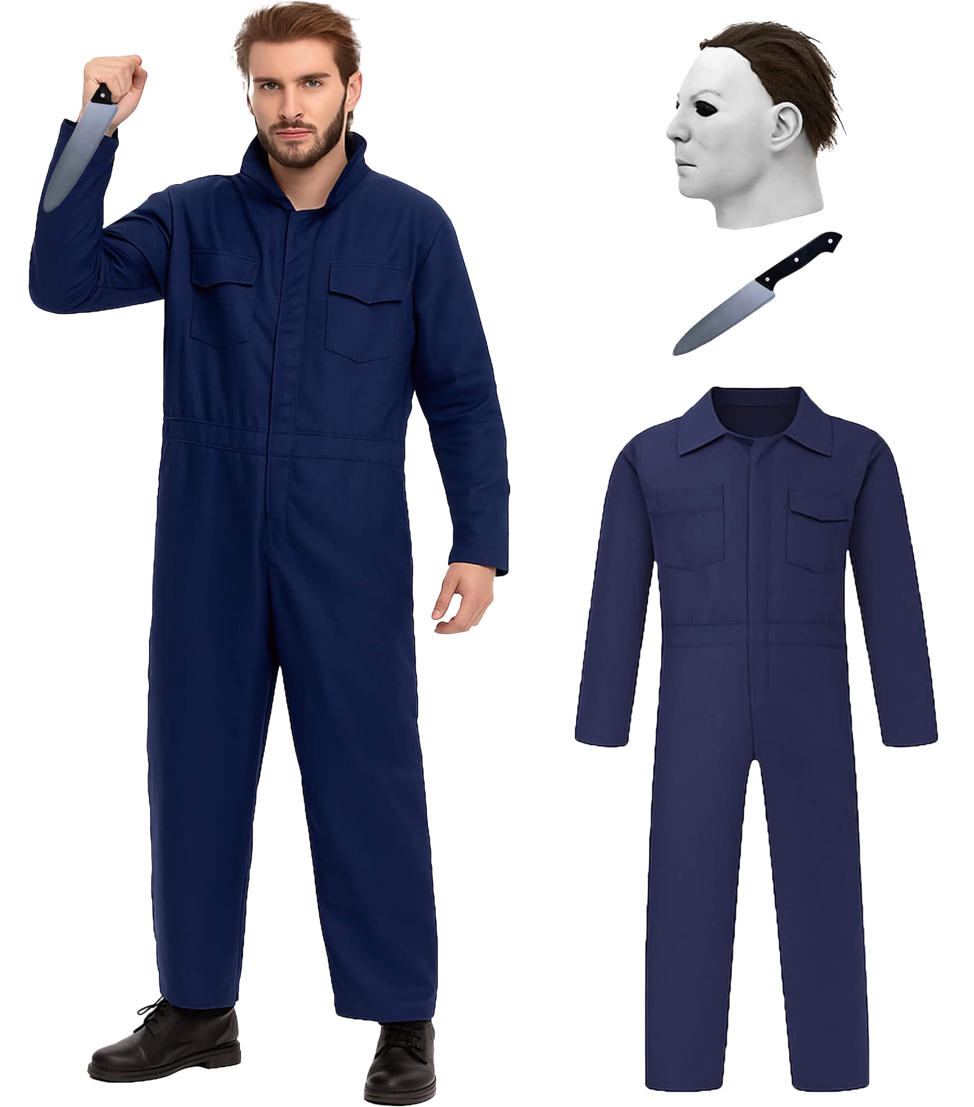 Granatowy kombinezon dla dorosłych - kombinezon zabójcy na Halloween, z maską i nożem zabawkowym, horror, cosplay