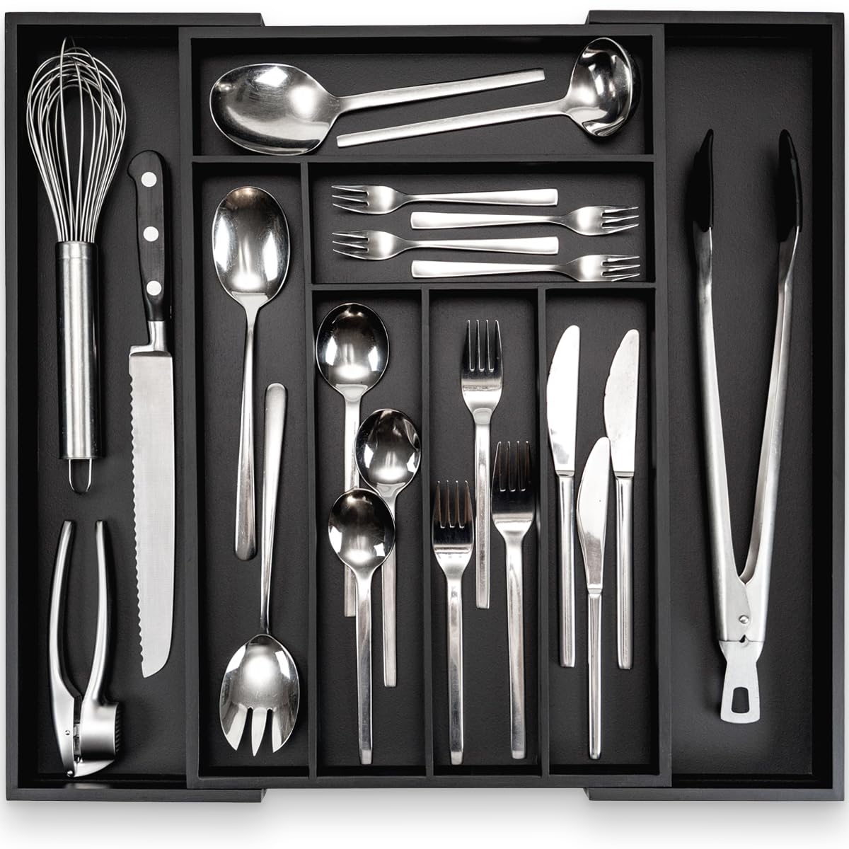 Budu Bamboo - Black Cutlery Tray #47 (Depth 47 Cm) Made Of - Drawer Organiser System For The Kitchen - Cutlery Tray For Bamboo Drawers - Extendable - Kitchen Drawer Organiser