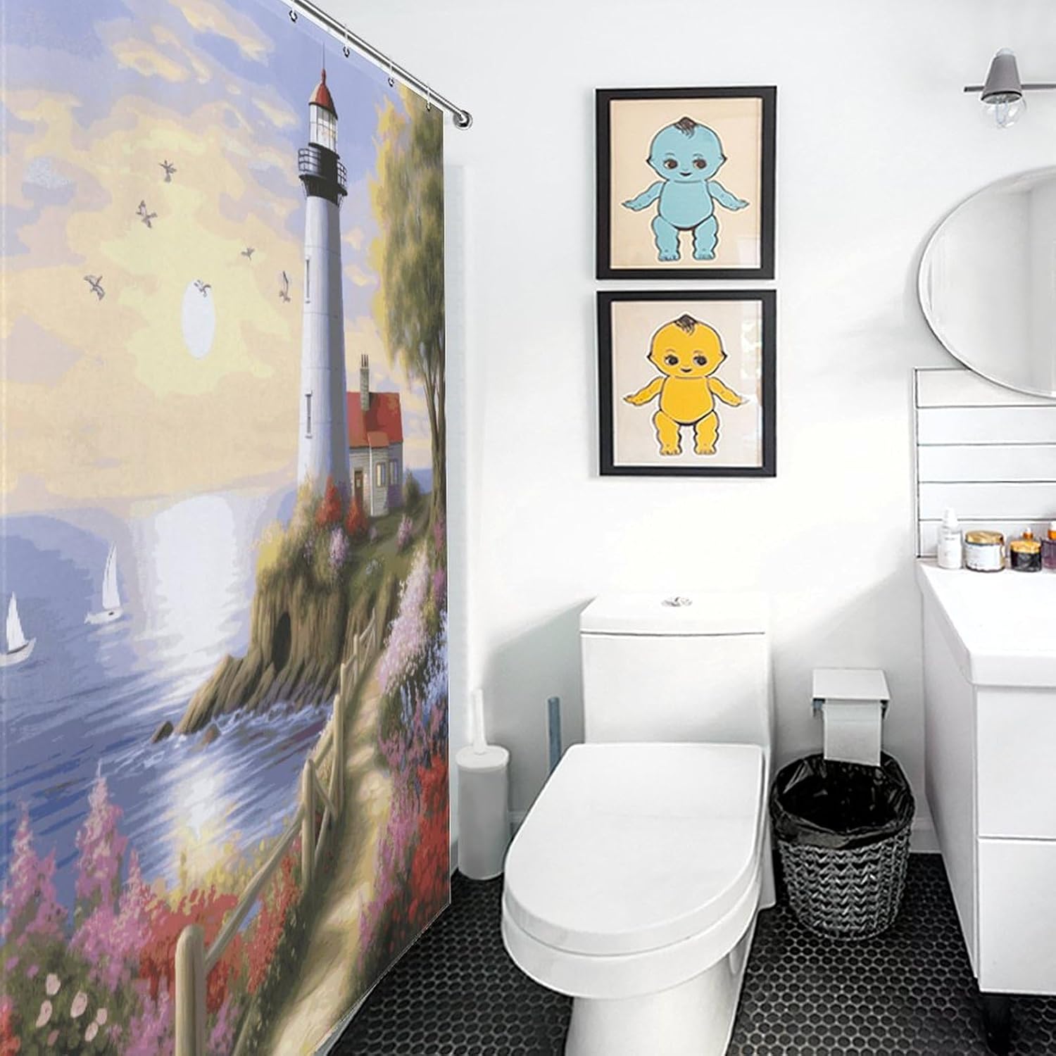 Shower Bath Curtain Bathroom Waterproof Polyester Lighthouse Diamond Painting Printed Heavy Duty Long Curtains for Bathroom Showers, Bath Tubs, Machine Wash, 72"x72"