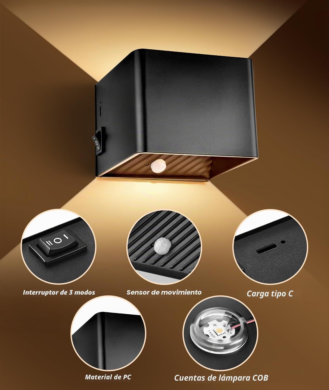 GeyouLux 2 Piezas 3000mAh Aplique Pared Interior Con Sensor de Movimiento 5W 3000K Lamparas Pared sin Cable Lampara de Pared Magnetica Recargable por USB con 3 Modos Para Escaleras, Dormitorios Negro | 3 Modos Magnético, Lámpara de Pared USB-C Sin Conexió