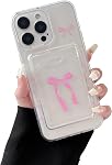 DEFBSC Case for iPhone 16, Cute Bow Clear Transparent Back Phone Case with Card Holder, Slim Fit Thin Protective Soft TPU Shock-Absorbing for Women Girls Wallet Cover, Pink Frame/Pink Bow