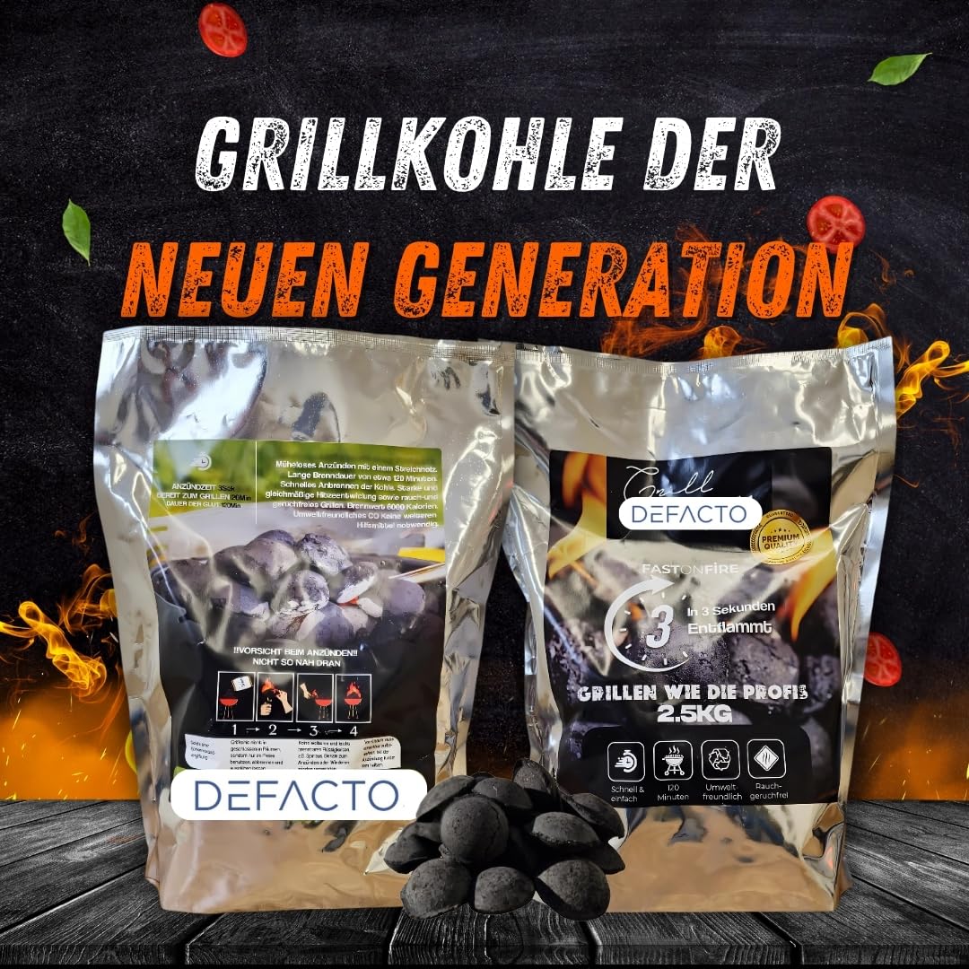 DEFACTO Grill Brikett - Umweltfreundliche Holzkohle für Einfache und Effiziente Grillabende, Schnell Anzündbar, Lange Brenndauer - 15KG