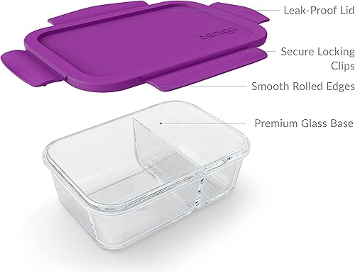 Vista 5 de Bentgo® Snack de vidrio – Contenedor de aperitivos estilo Bento, a prueba de fugas, con tapa hermética y diseño dividido de 2 compartimentos, Púrpura