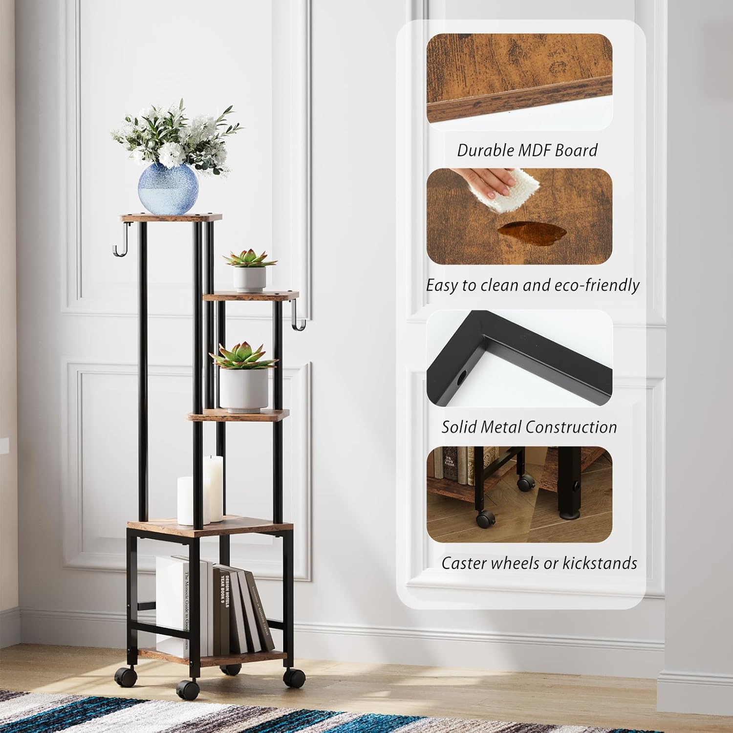 Oroonoko 2 Packs Plant Stand Indoor,5-Tiered Tall Plant Shelf with Wood Board,Multiple Pot Holder with bookshelf Ideal for Living Room,Garden,Patio(2 Packs)