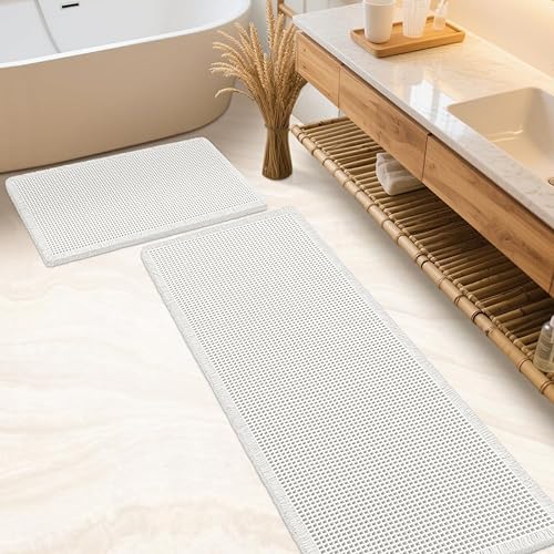 IM HOME Waffle Bath Mat Set 2 Piece Olive Green,Woven Modern Bath Rug Mats, Absorbent Non Slip Bath Floor Mat, Soft Washable Boho Bath Rugs with Tassels for Bathroom, Bedroom, Kitchen,Tub(White,24′′×17′′ + 60′′×24′′)