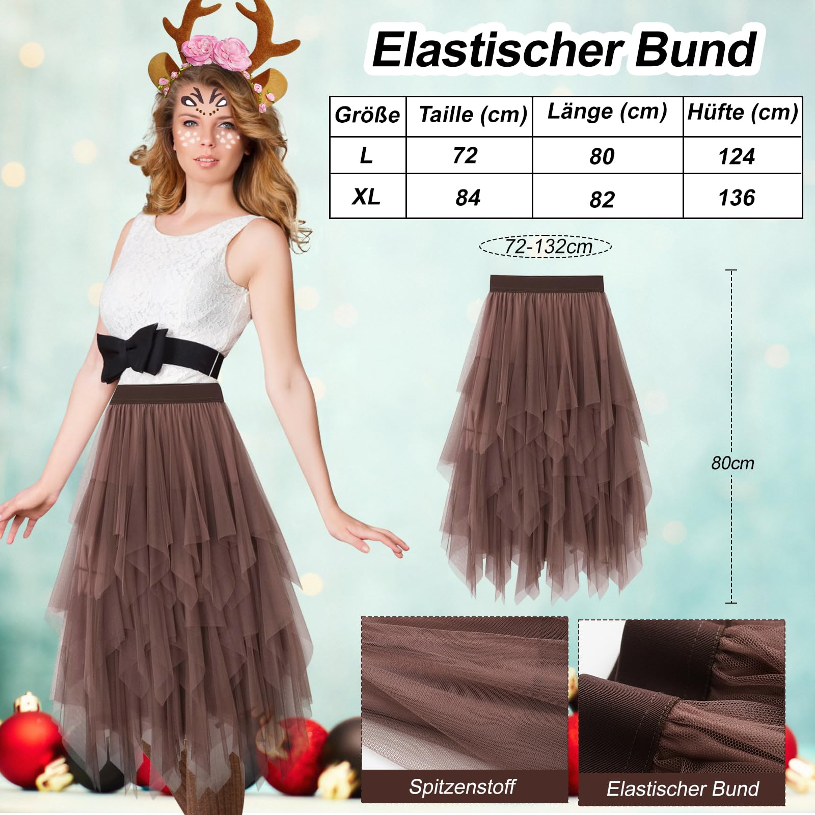 Vibbang Costume de renne pour femme - Bandeau floral de cerf et jupe en tulle marron - Avec autocollant pour le visage - Pour fête, carnaval, fête à thème
