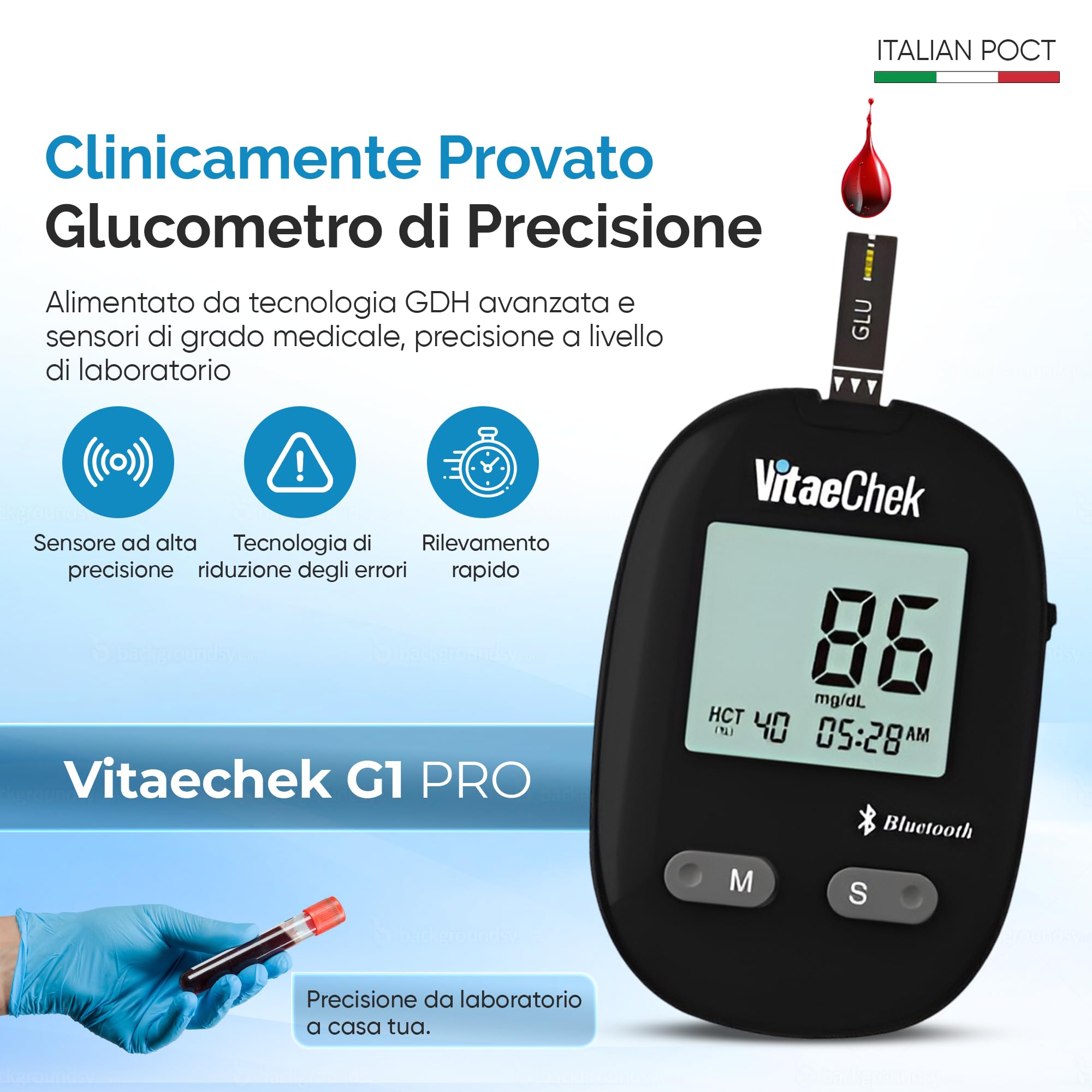 G1 Pro Glucometro Bluetooth + 50 Strisce Reattive Aggiuntive – Misuratore di Glicemia con Strisce GDH-FAD, Risultati Rapidi e Precisi, Ideale per Controllo Glicemico Quotidiano (mg/dL)