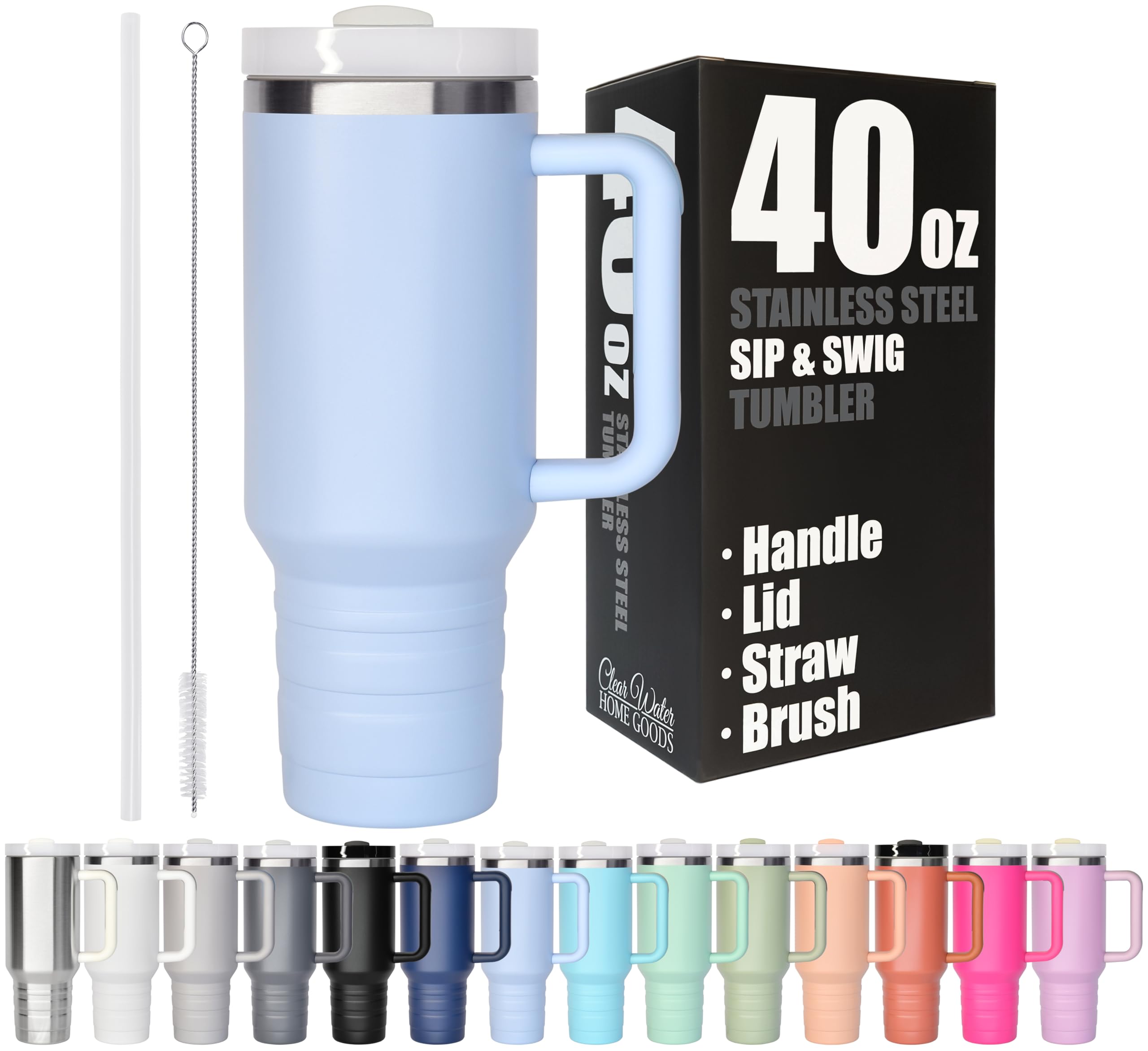 40oz Tumbler with Lid and Straw - Reusable Double Wall Insulated Stainless Steel Water Bottle and Coffee Cup to Keep Hot and Cold Beverages for Hours, Travel Mug, Fits in Cupholder - Baby Blue