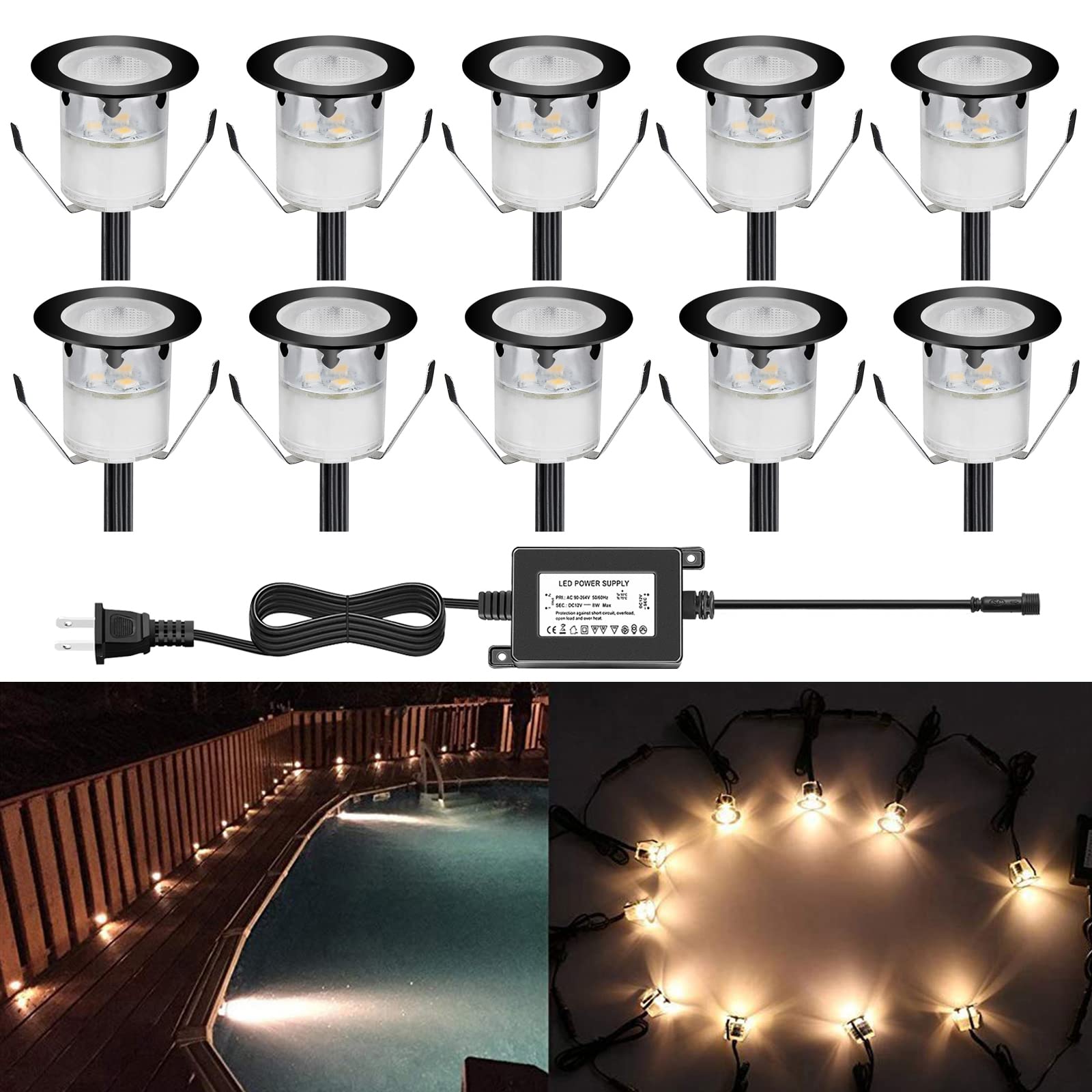 Low Voltage LED Deck Light Kit Stainless Steel Waterproof Recessed Wood Decking Stairs Garden Yard Patio Decor Lamp Outdoor LED Lighting Black Border(Warm White, 10pcs) Warm White 10pcs(Black border)