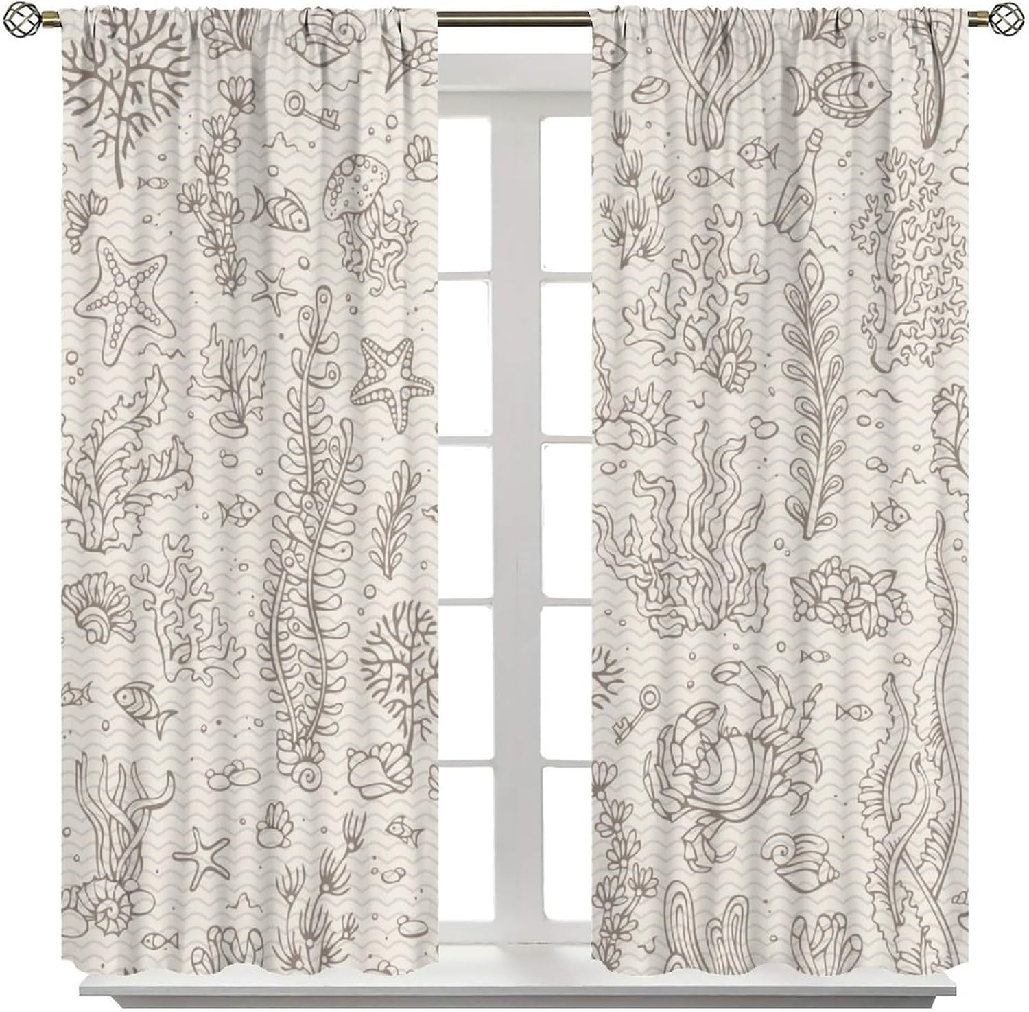 Vintage Navigation Curtains, Rural Minimal Beige Hand Drawn Line Sea Animal Fish Seamless Pattern Drapes, Rod Pocket Blackout Window Treatments for Living Room Bedroom Bathroom Kittchen 42x45in