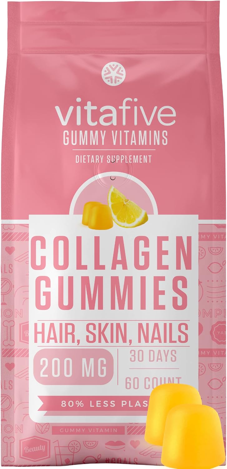 Vitafive Low Sugar Collagen Gummies for Women : Non-GMO & Gluten Free Hair Skin and Nails Gummies Made with Hydrolyzed Collagen, Biotin, Vitamin C, Vitamin E, & Zinc - Natural Lemon Flavor, 200mg