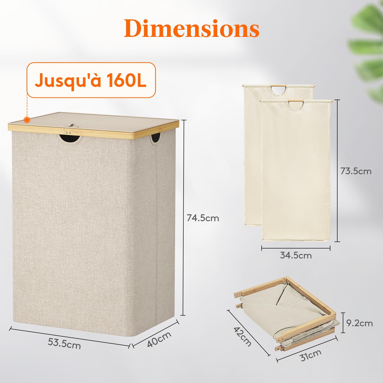 Lifewit Panier a Linge en Bambou, Corbeille a Linge Pliable avec Couvercle, Grand Bac a Linge avec Sacs Amovibles pour Chambre, Salle de Bain, Buanderie, 160 L, Beige
