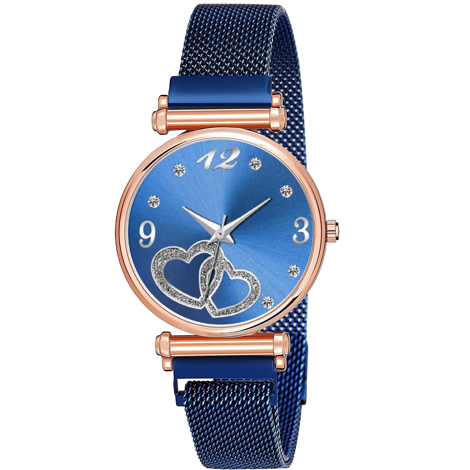 KIARVI GALLERY Clausal Multi Choice Queen or 12 Dimond Dial Latest Style Rose Gold Magnetic Metal Strap Analog Watch for Girls and Women (Blue Heart) (B09JHNS2J4) Amazon Price History, Amazon Price Tracker