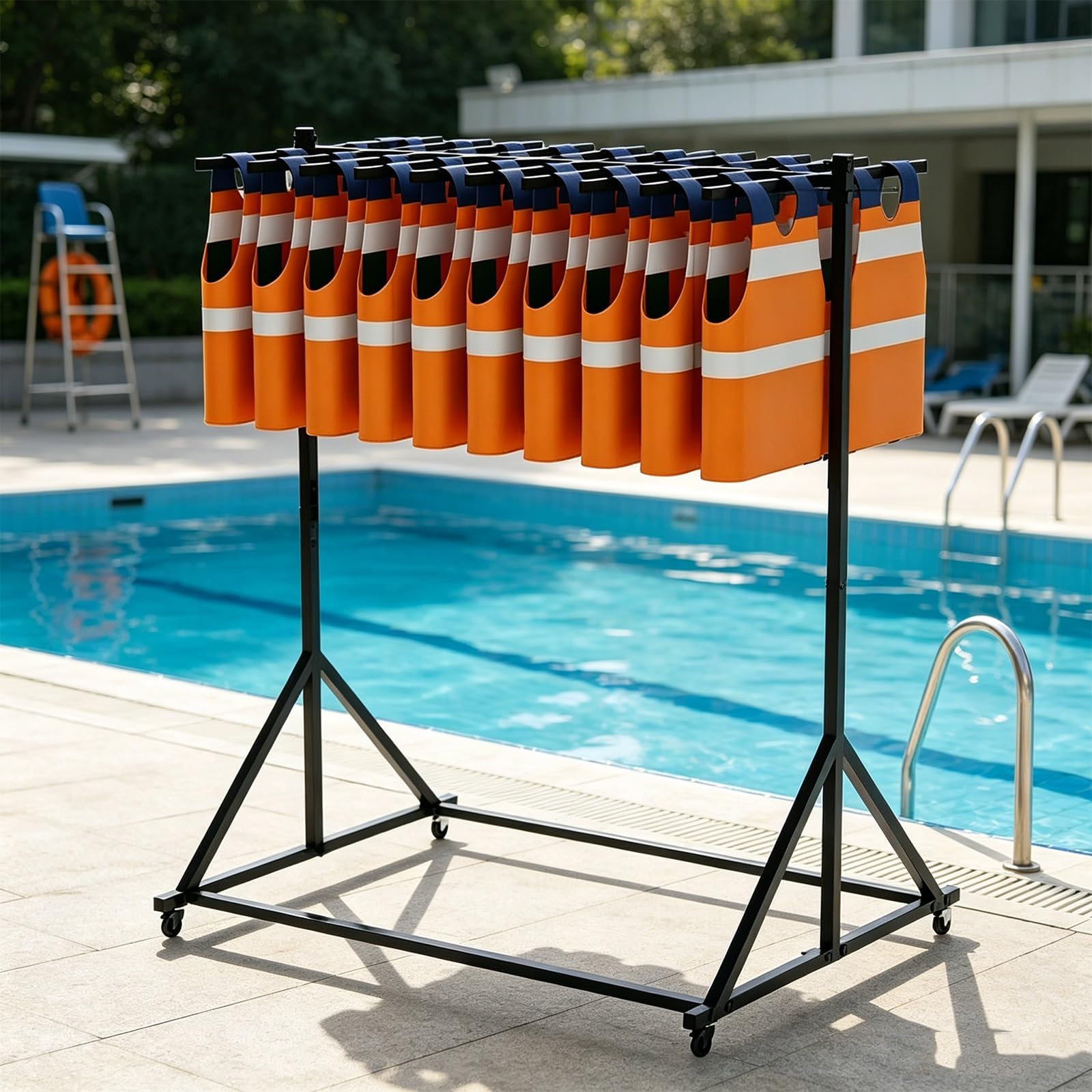Estante para Chalecos Salvavidas, Soporte Independiente de Alta Resistencia con Ruedas giratorias, Organizador Multiusos para Piscinas con Capacidad para hasta 20 Chalecos