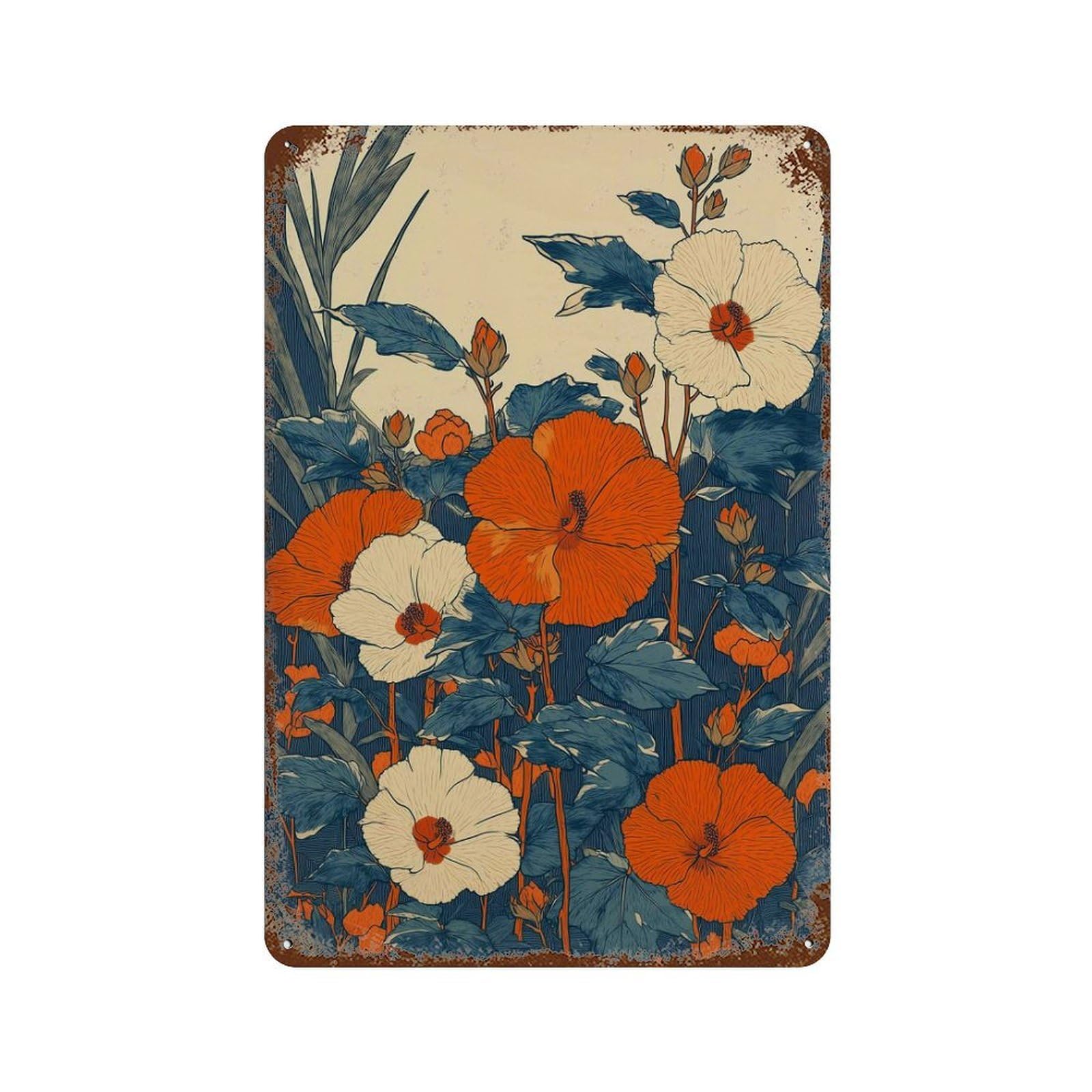 xiaoxiaoshen Bold Botanical Japanese Orange Hibiscus Tropical Floral Modern Nature Wall Decor Art Metal Tin Poster Modern Home Decor Art Home Bar Shop Decorations Vintage Sign 30x20cm
