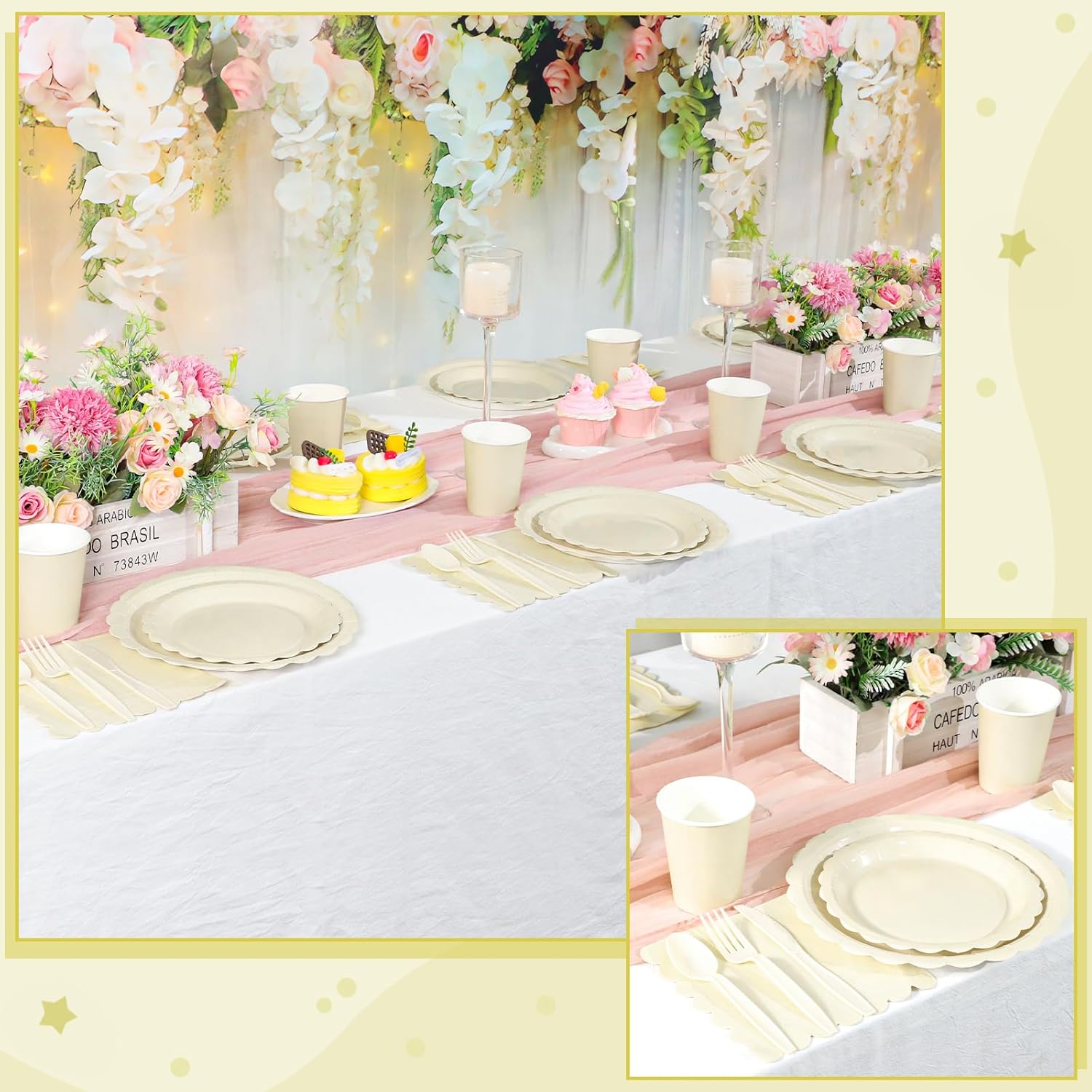 350 Pcs Ivory Dinnerware Sets, 9" Party Plates, 7" Cream Dessert Plate, 9oz Cups & Cutlery, 50 Guest Beige Scalloped Disposable Plates Set for Baby Bridal Shower, Wedding, Birthday - Image 6