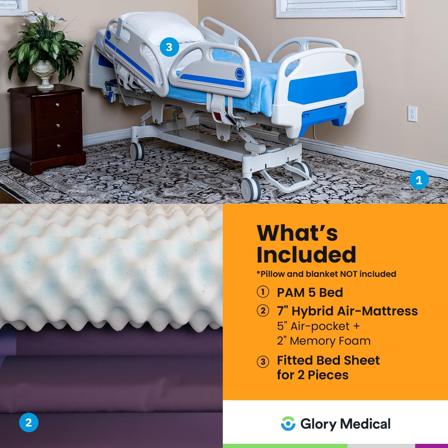 Point A (PAM-5) Enhanced Full Electric Hospital ICU Bed for Commercial/Home Use, 7" Hybrid Air Mattress, LINAK Motor, Central Locking, 6" Casters, Includes (2X) Bed Sheet and Battery Back-up