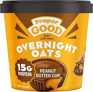 Proper Good Peanut Butter Cup Overnight Oats, with 15g Protein, 5g Fiber Breakfast, Just add Milk - Gluten Free Ingredient Oatmeal (2.2oz per Meal) (Pack of 2)