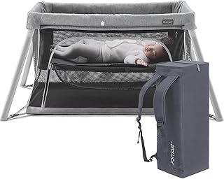2 in 1 Portable Travel Crib for Toddler, Foldable Crib for Baby, Lightweight Playpen Collapsible Playard with Soft Mattress, Easy to Carry Baby Travel Bed for Outdoor, Indoor (Grey)