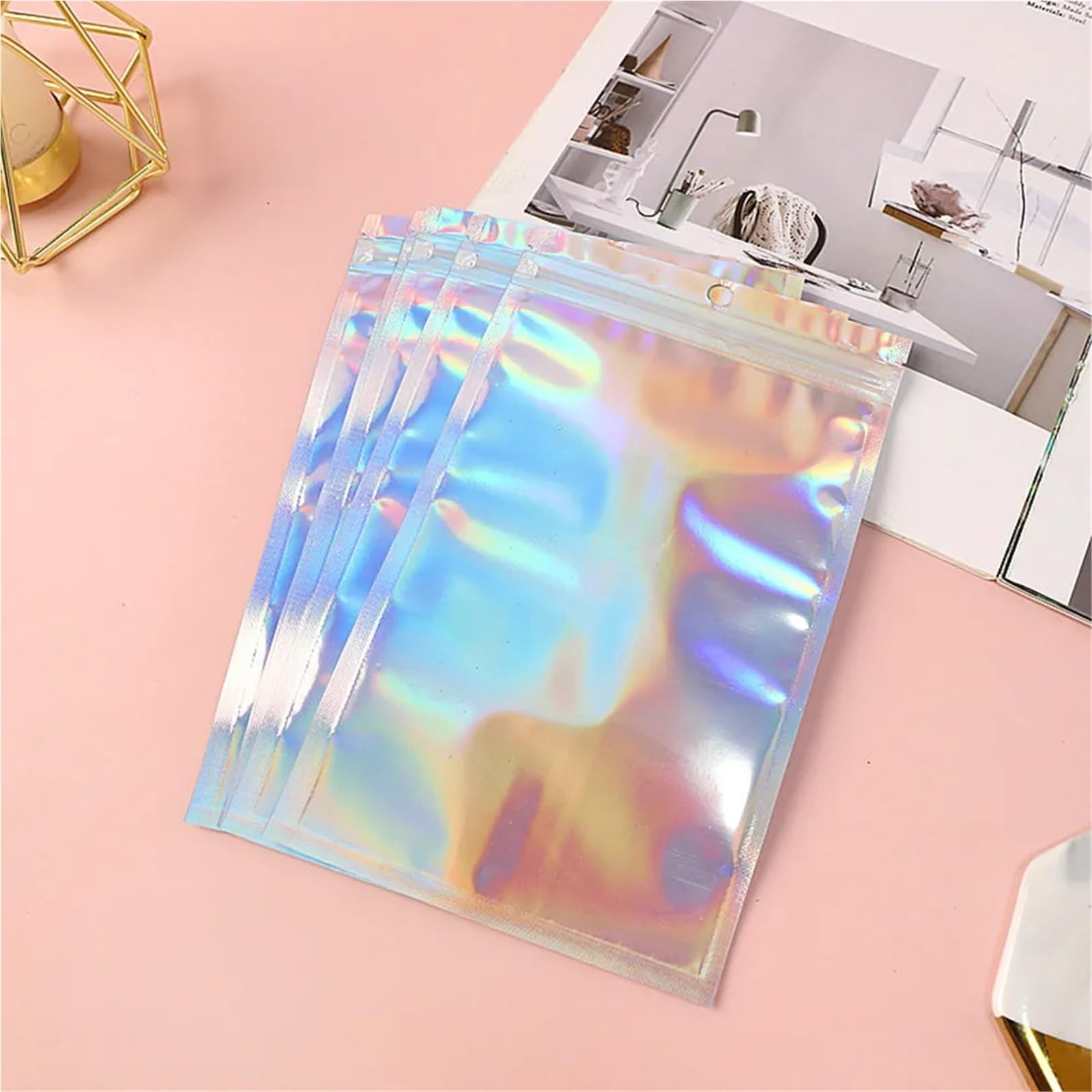 100 Sacchetti con Chiusura a Zip in Alluminio Laser con Parte Anteriore Trasparente - Sacchetto richiudibile con Cerniera Colorata olografica for Gioielli e Accessori(20x30cm 100pcs)
