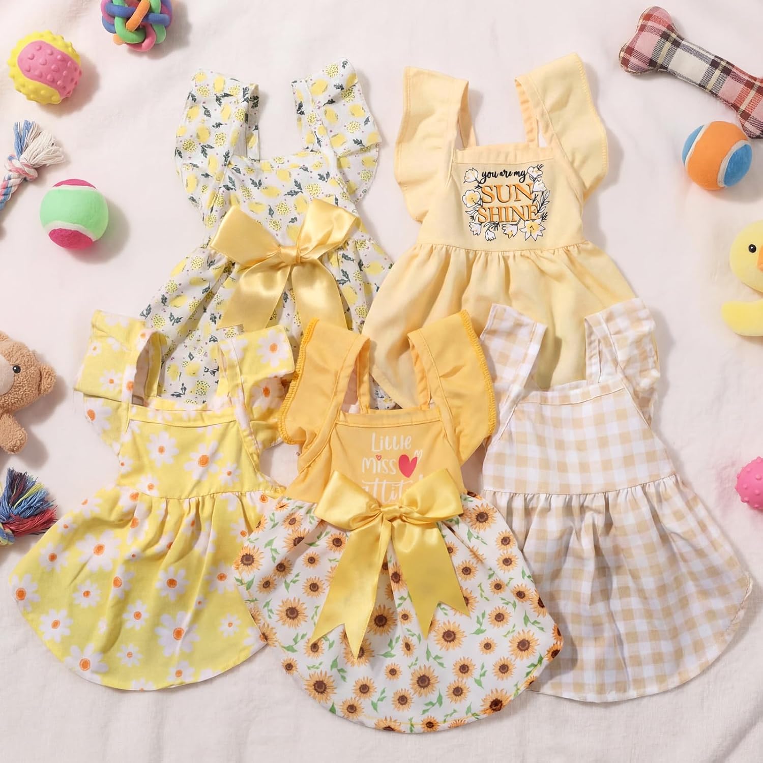 Abbylike 5 Pcs Dog Dress Floral Daisy Sunflowers Lemon Plaid Bowknot Dog Clothes Summer Yellow Puppy Dresses Outfits Cute Apparel for Small Pets Cats Female (Small)