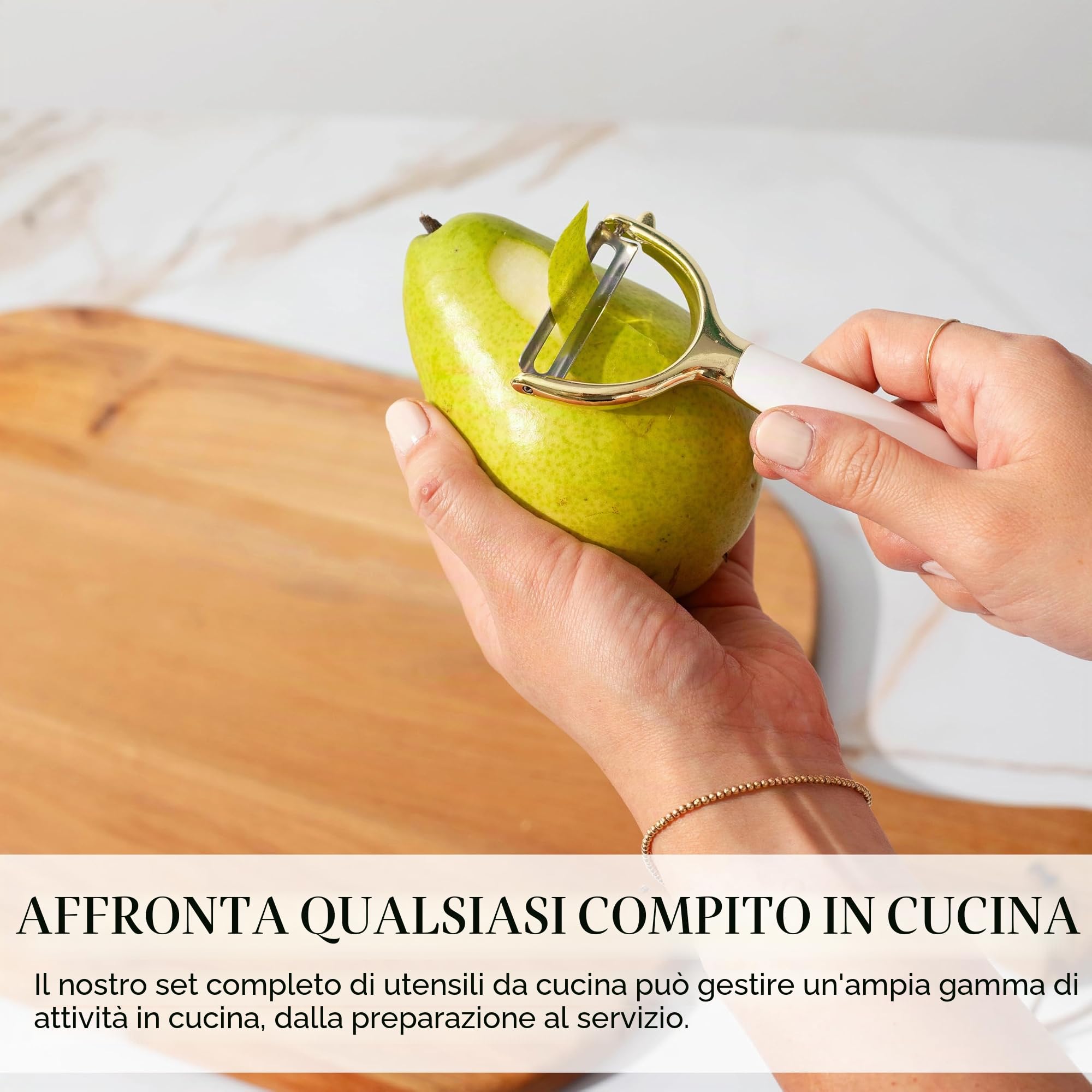 Styled Settings Set di utensili da cucina bianchi e dorati, 8 pezzi | Il set di utensili da cucina include apriscatole, pinze e spremiaglio, accessori da cucina bianchi e oro per la cucina