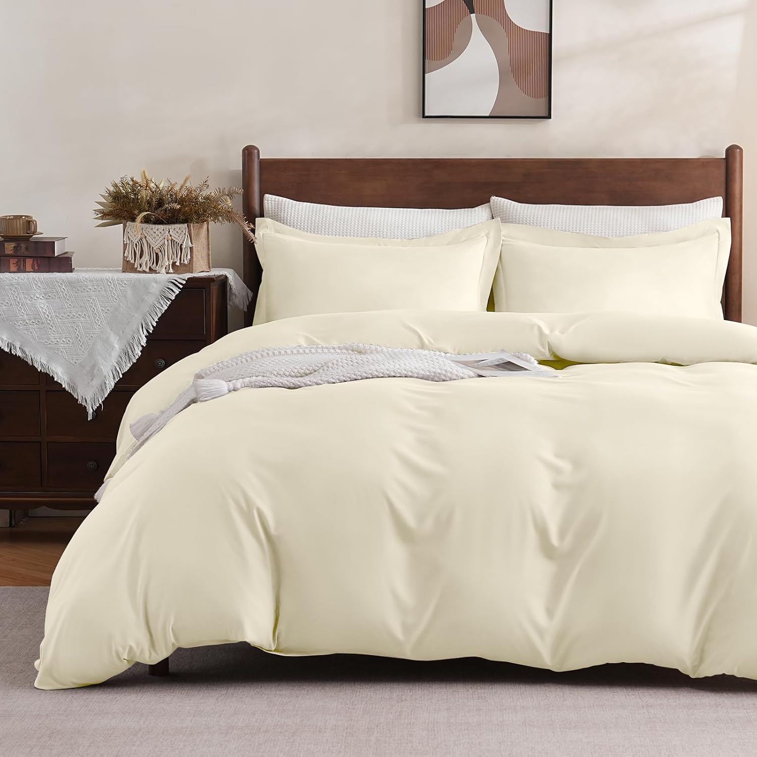 FreshCulture Duvet Cover Queen Size - 3 Pieces Microfiber Duvet Cover Set with Zipper Closure - Lightweight & Easy Care - 1 Comforter Cover & 2 Pillow Shams - Comforter Not Included (Ivory)