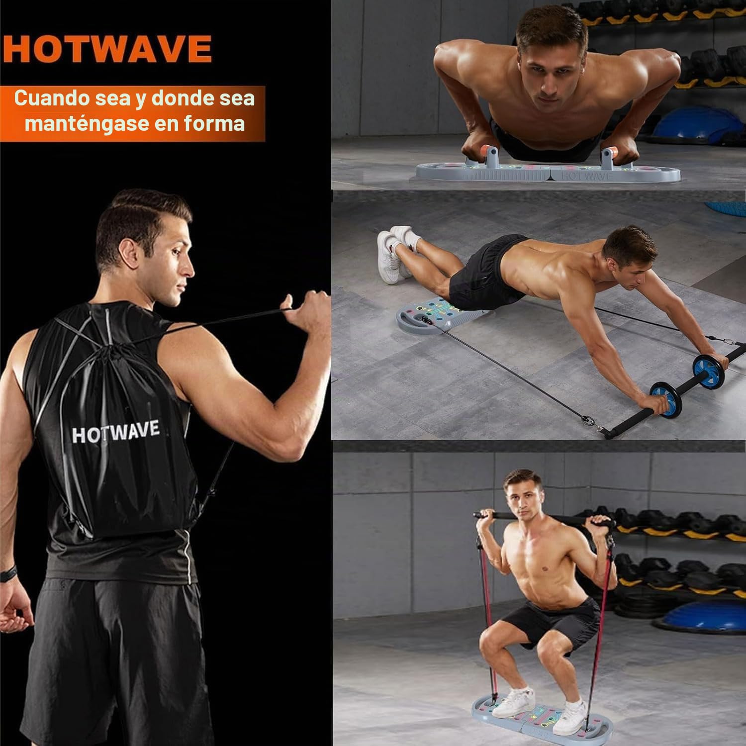 HOTWAVE Equipo de Ejercicio portátil con 16 Accesorios de Gimnasio. Tabla de Ejercicios 20 en 1, Bandas de Resistencia con Rodillo Abdominal, Entrenamiento de Cuerpo Completo en casa