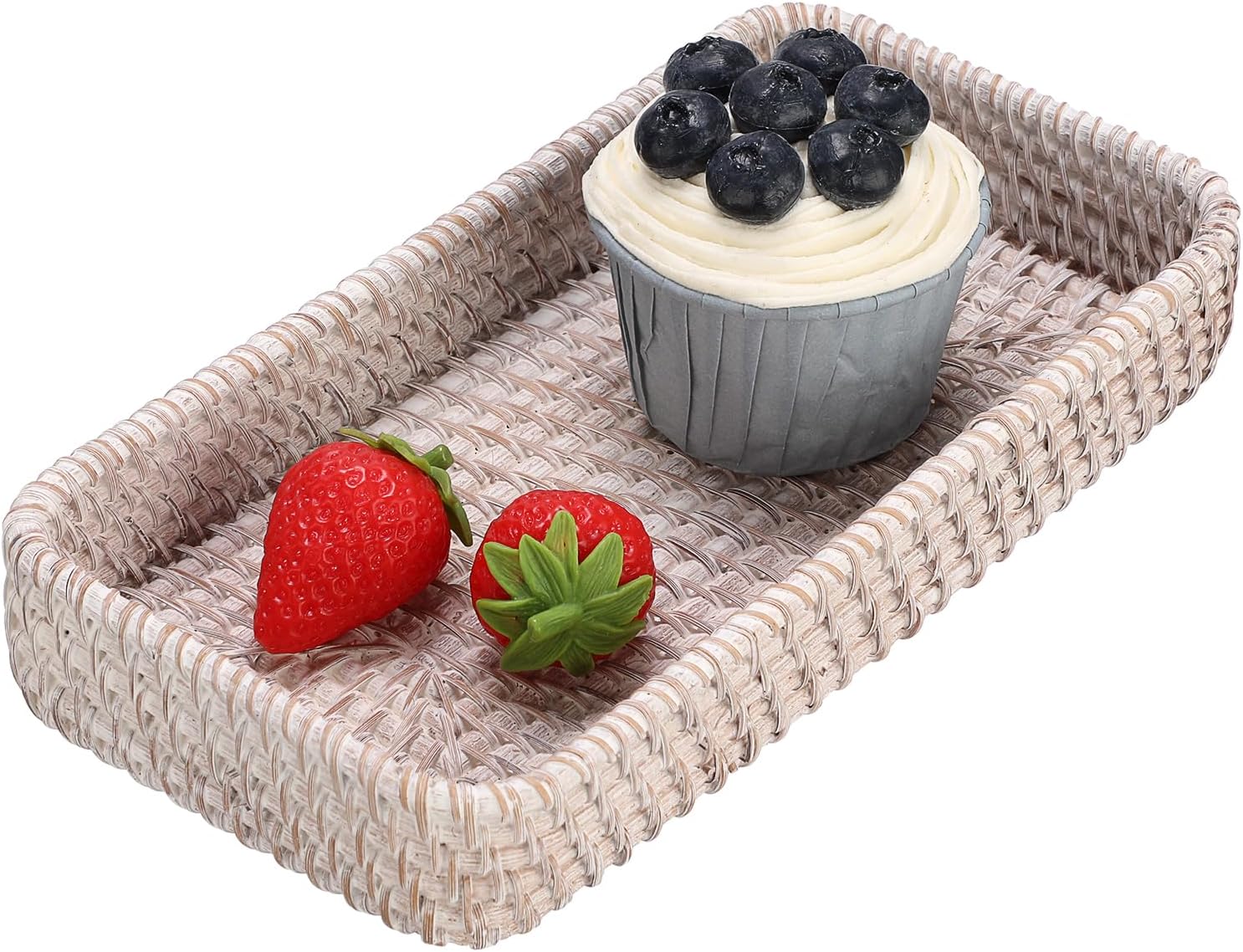 Hipiwe Rattan Key Tray Handwoven Wicker Baskets for Entryway Table Vanity Decorative Serving Tray for Candy Rectangular Fruit Basket, Whitewash