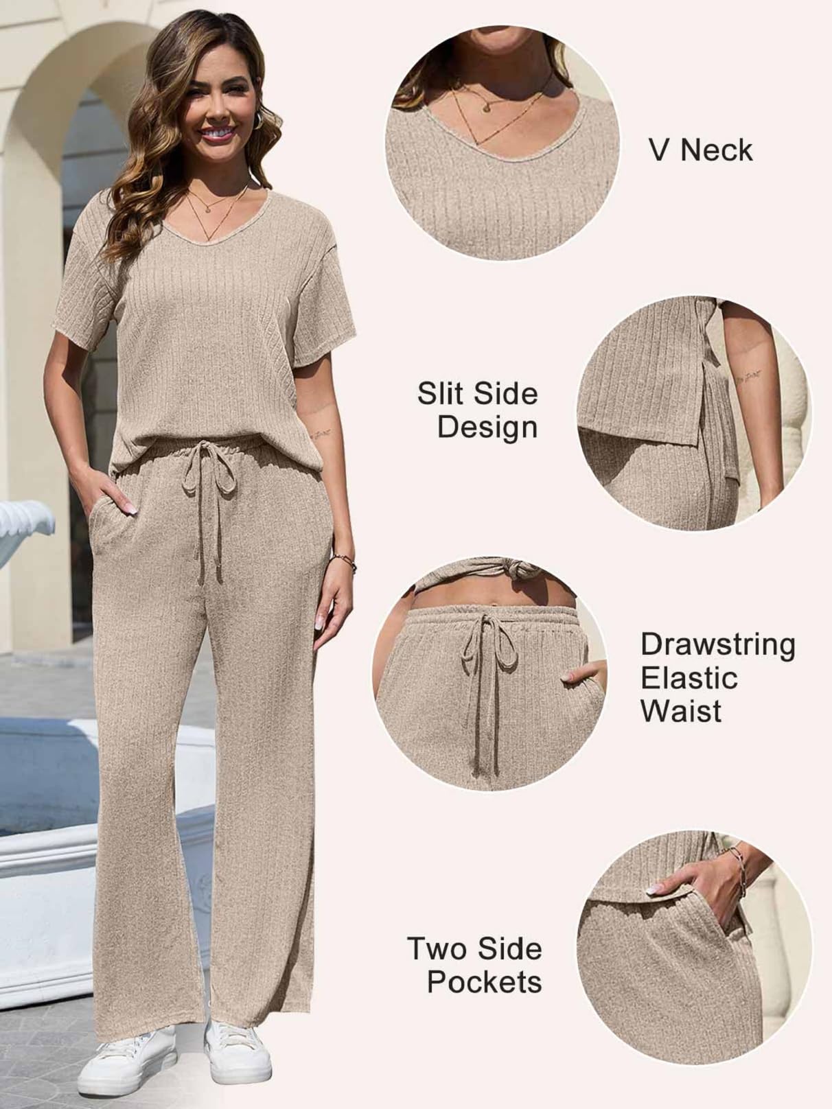CheChury Femme Survêtement Ensembles de Costume Décontracté 2 Pièces Eté Set Manches Courtes et Pantalon Droit Survêtement Col en V Loungewear Ensemble de Pyjama Couleur Pure Vêtement de Nuit Automne