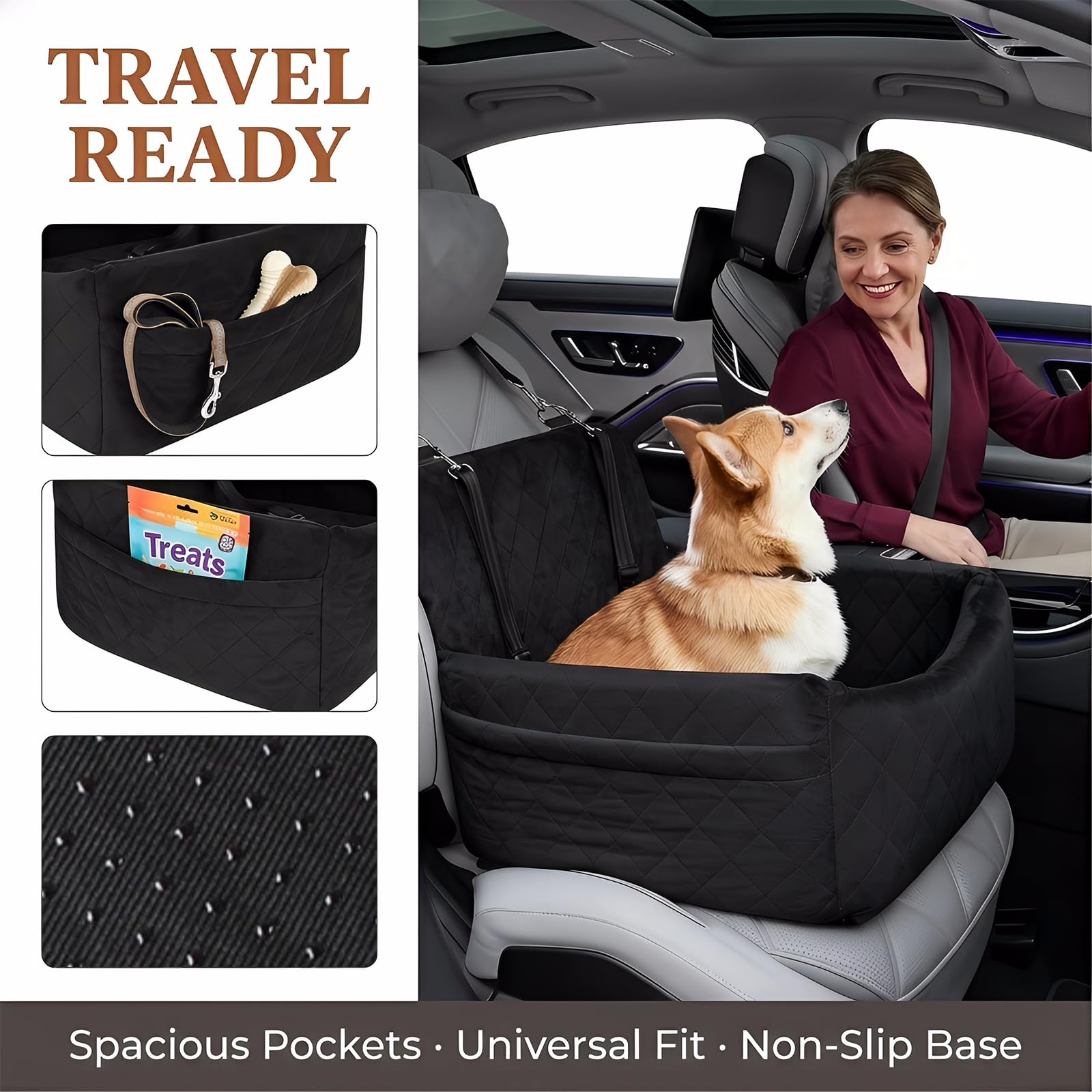 Asiento de coche para perros pequeños y medianos de menos de 15 kg, asiento para perros extraíble y lavable, con 2 cinturones de seguridad, asiento elevador para perros (negro)