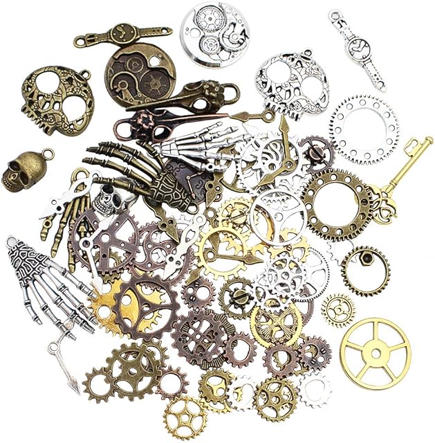 DXLing 76 Pieces Antique Steampunk Pendant Metal Wheels Watch Clock Gears Skeleton Skull Pendant Necklace for DIY Handmade Crafts Jewelry Making Accessories Bronze Copper Gold Silver Mixed Colour