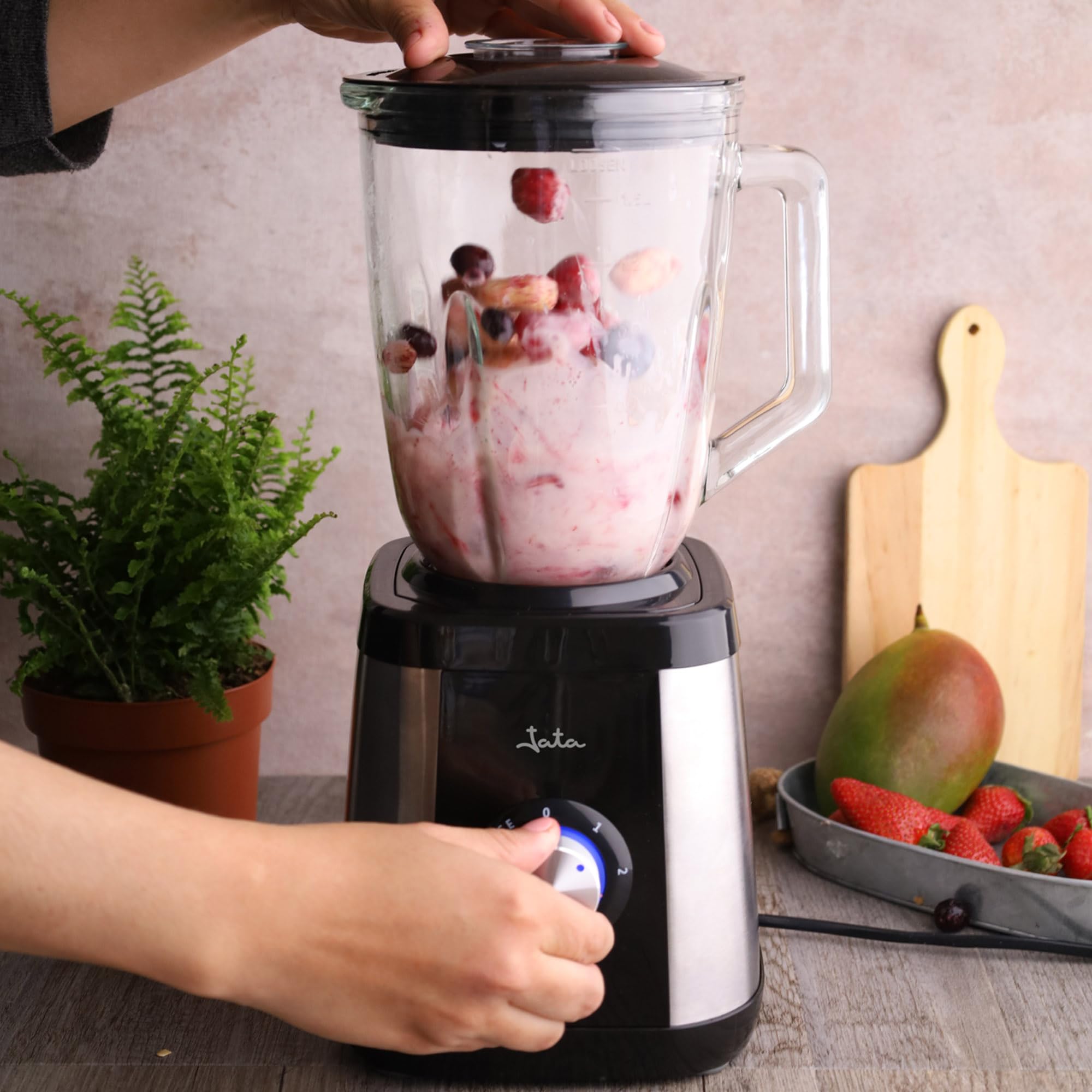 Jata BT604N - Batidora de Vaso 1300W con Jarra de Cristal 1,5L, Pica Hielo, 2 Velocidades + Pulse, Cuchilla Acero Inox, Cuerpo Acero Inoxidable, 17.000 RPM