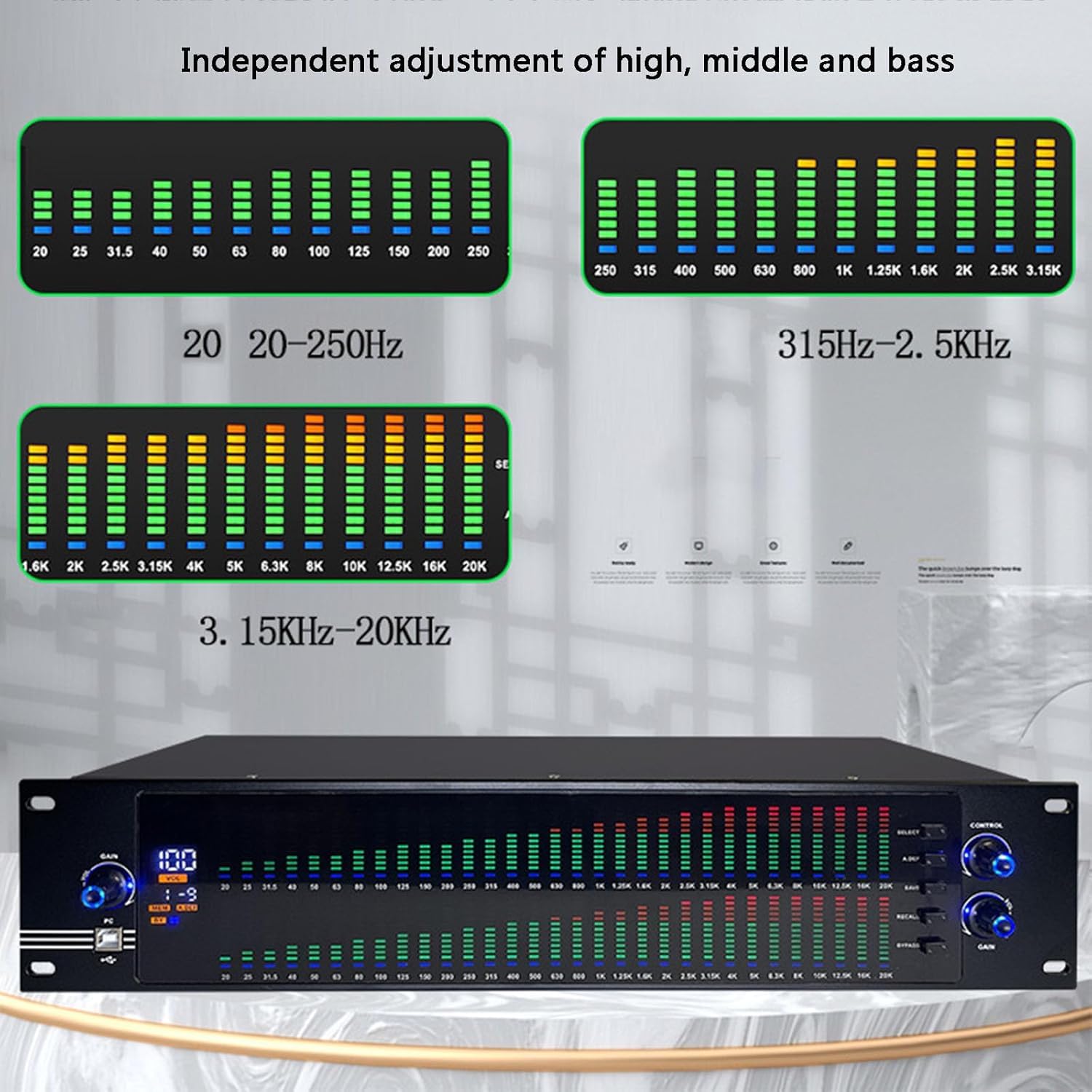 LNNW Equalizery graficzne 31-pasmowy cyfrowy korektor, stereofoniczny graficzny korektor EQ, wyświetlacz widma LED, do studia nagraniowego(Nero)