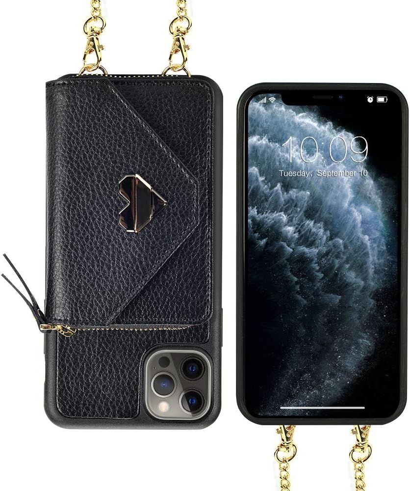 JLFCH Wallet Case for iPhone 12 Pro Max, iPhone 12 Pro Max Crossbody Case with Zipper Credit Card Holder Wrist Strap Lanyard Purse Compatible with iPhone 12 Pro Max (2020), 6.7 inch - Black