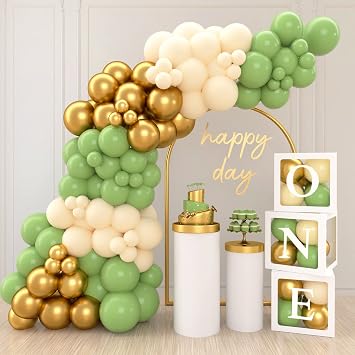 1st Birthday Decorations for Boys - 3pcs One Balloon Boxes with 112pcs Green Gold White Balloons for First Birthday Decoration Baby Boys Girls, Wild One, 1 One Year Old Birthdays Party Supplies