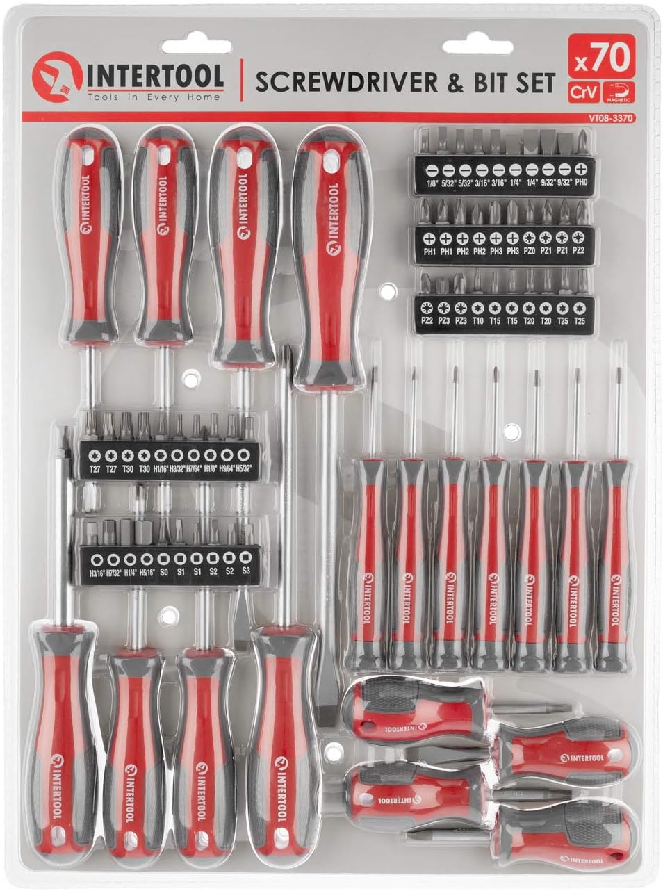 INTERTOOL 70 pcs Screwdriver Set, Magnetic Tips, 51 Bits, Chrome Vanadium Steel, Phillips, Slotted, Torx, Pozidriv, Hex, Square VT08-3370